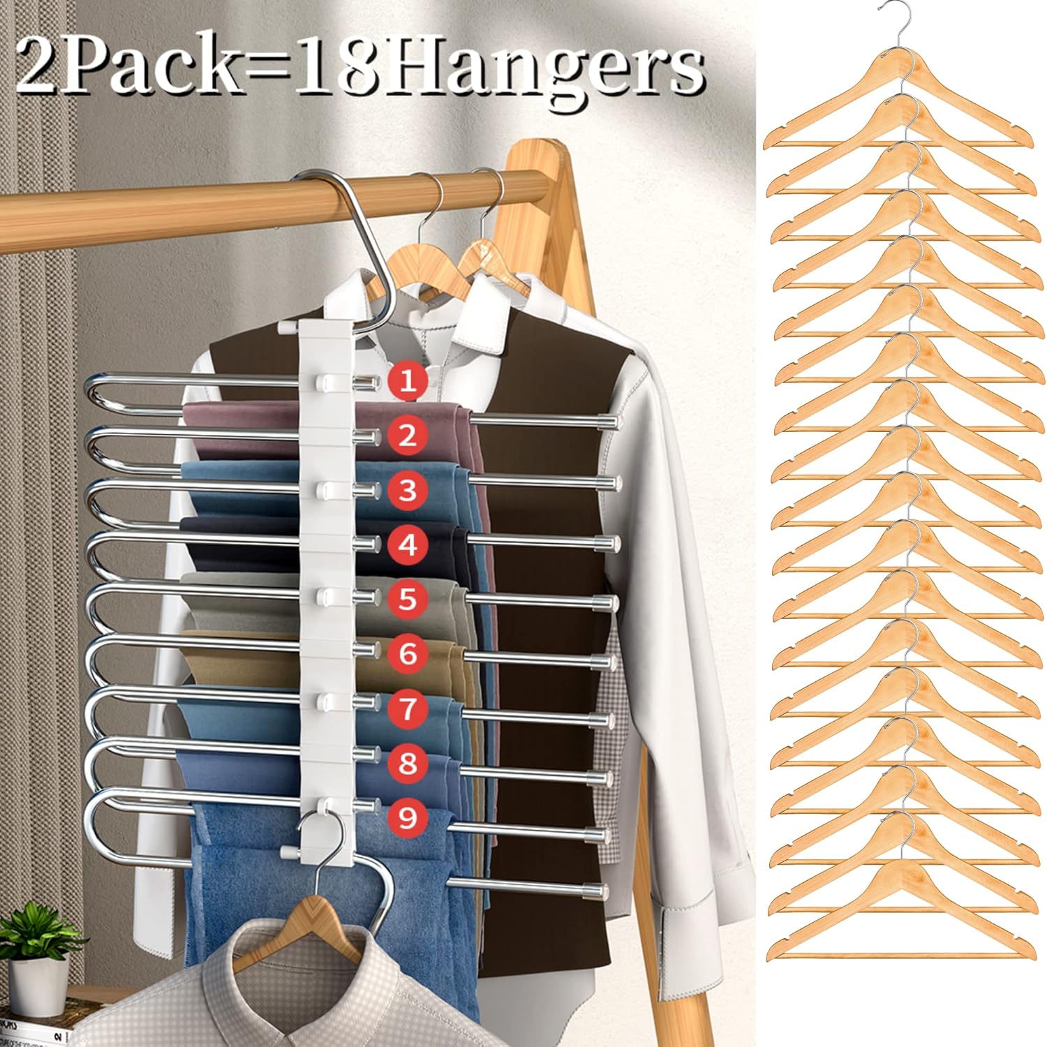9 Layers Pants Hangers Space Saving, 2 Pack Multifunctional Pant Rack Stainless Steel Closet Organizer for Pants Jeans Leggings Troers, Antiquewhite - Image 3