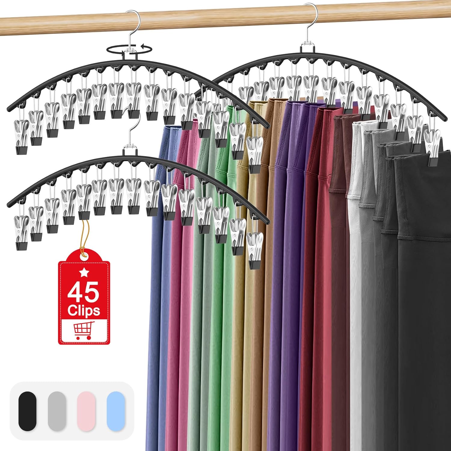 3 Pack Legging Organizer for Closet Hanging, Pants Hangers with Clips Holds 45 Leggings, Shorts, Skirts, Jeans, Hats, Pants Hangers Space Saving Clothes Racks Closet Organizers and Storage, Black - Image 1