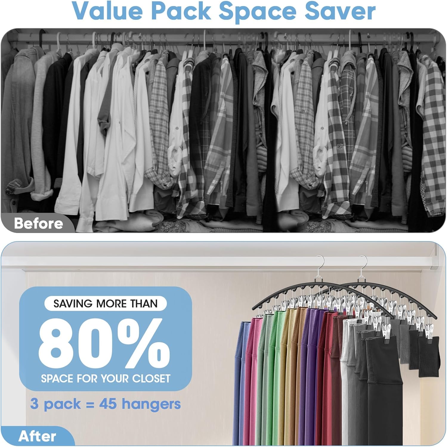 3 Pack Legging Organizer for Closet Hanging, Pants Hangers with Clips Holds 45 Leggings, Shorts, Skirts, Jeans, Hats, Pants Hangers Space Saving Clothes Racks Closet Organizers and Storage, Black - Image 2