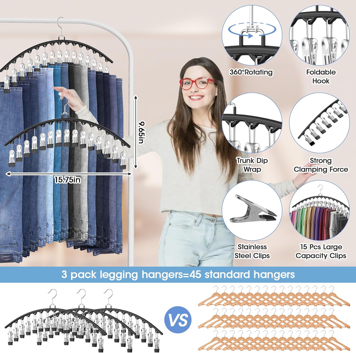 3 Pack Legging Organizer for Closet Hanging, Pants Hangers with Clips Holds 45 Leggings, Shorts, Skirts, Jeans, Hats, Pants Hangers Space Saving Clothes Racks Closet Organizers and Storage, Black - Image 3