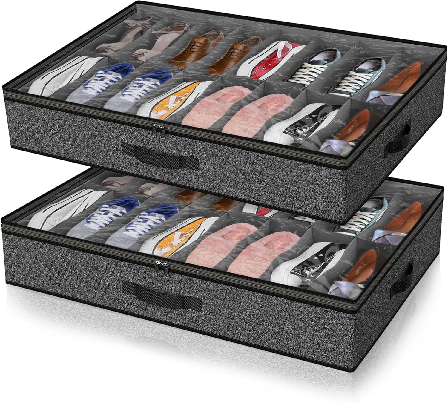 Under Bed Shoe Storage Organizer for Closet, Fits 32 Pairs Underbed Shoes Box Storage Containers Under the Bed Storage Foldable with Sturdy Handles&Clear Window for College Dorms Grey, Set of 2 - Image 1