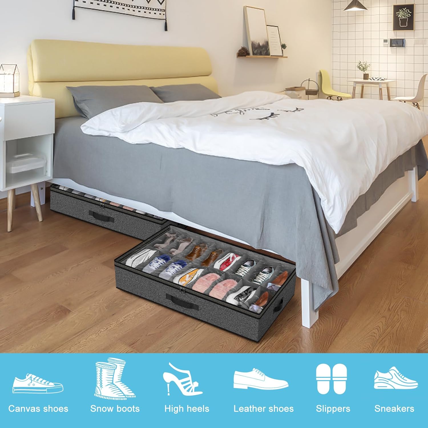 Under Bed Shoe Storage Organizer for Closet, Fits 32 Pairs Underbed Shoes Box Storage Containers Under the Bed Storage Foldable with Sturdy Handles&Clear Window for College Dorms Grey, Set of 2 - Image 2