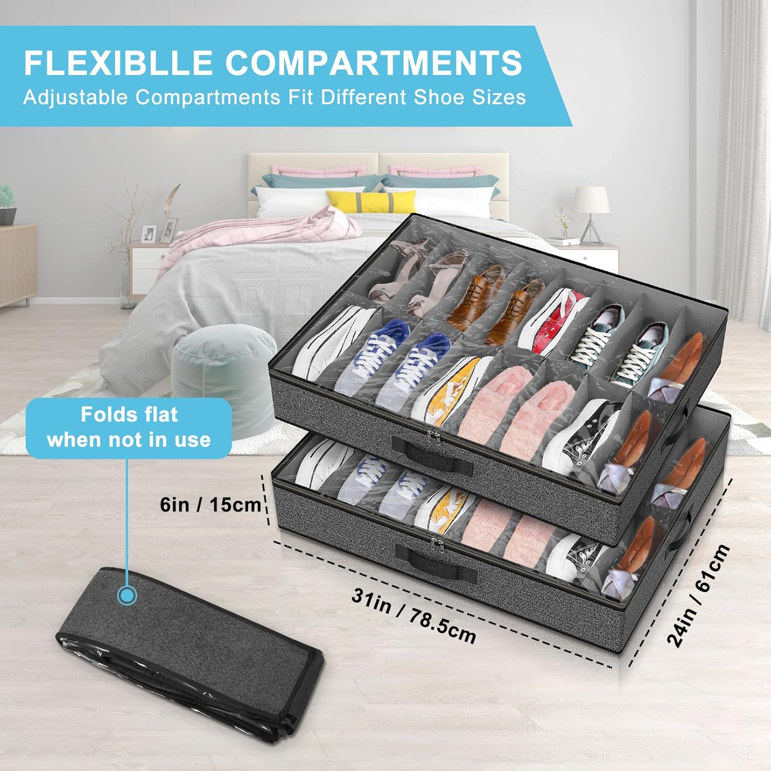 Under Bed Shoe Storage Organizer for Closet, Fits 32 Pairs Underbed Shoes Box Storage Containers Under the Bed Storage Foldable with Sturdy Handles&Clear Window for College Dorms Grey, Set of 2 - Image 4