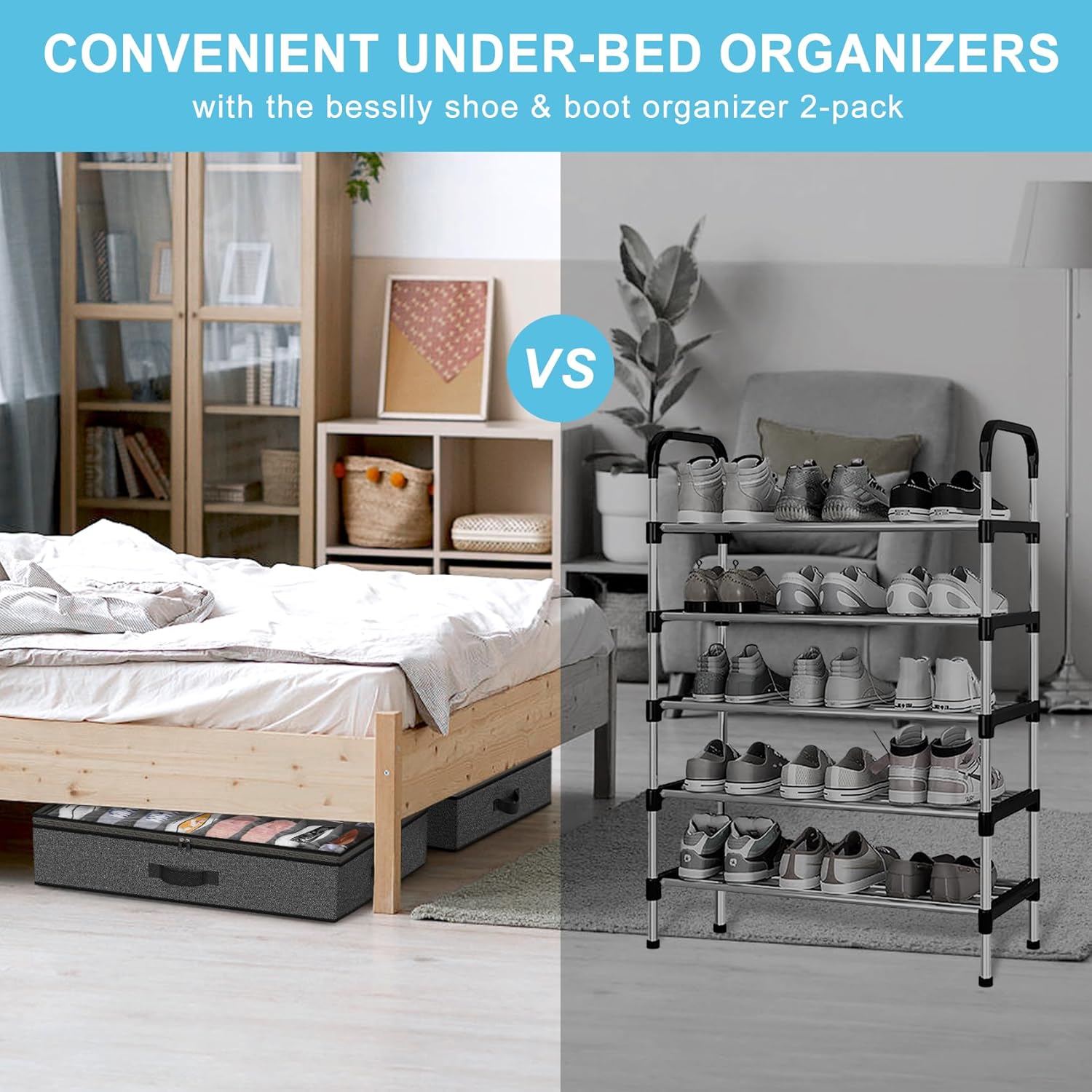 Under Bed Shoe Storage Organizer for Closet, Fits 32 Pairs Underbed Shoes Box Storage Containers Under the Bed Storage Foldable with Sturdy Handles&Clear Window for College Dorms Grey, Set of 2 - Image 5