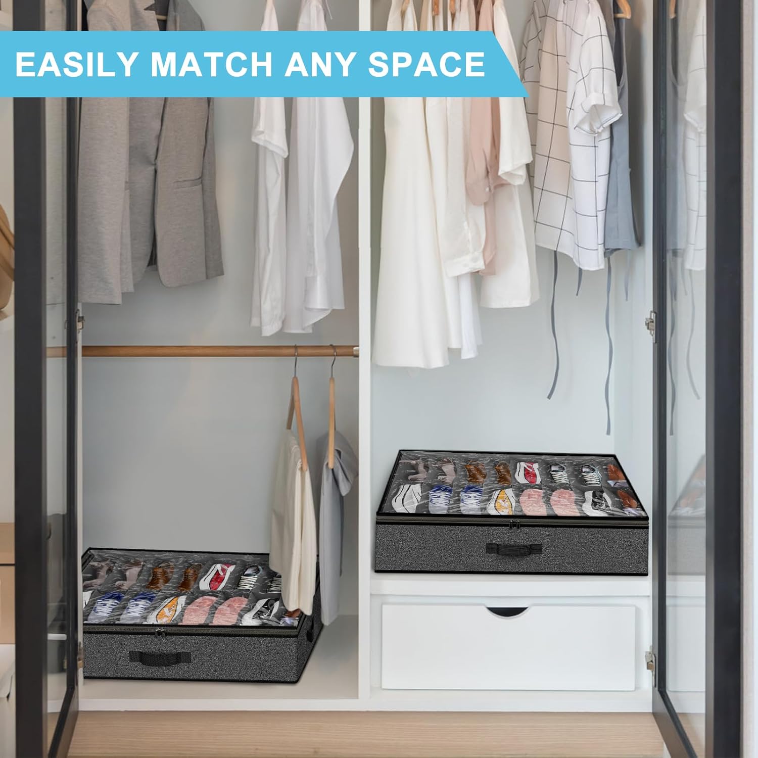 Under Bed Shoe Storage Organizer for Closet, Fits 32 Pairs Underbed Shoes Box Storage Containers Under the Bed Storage Foldable with Sturdy Handles&Clear Window for College Dorms Grey, Set of 2 - Image 6