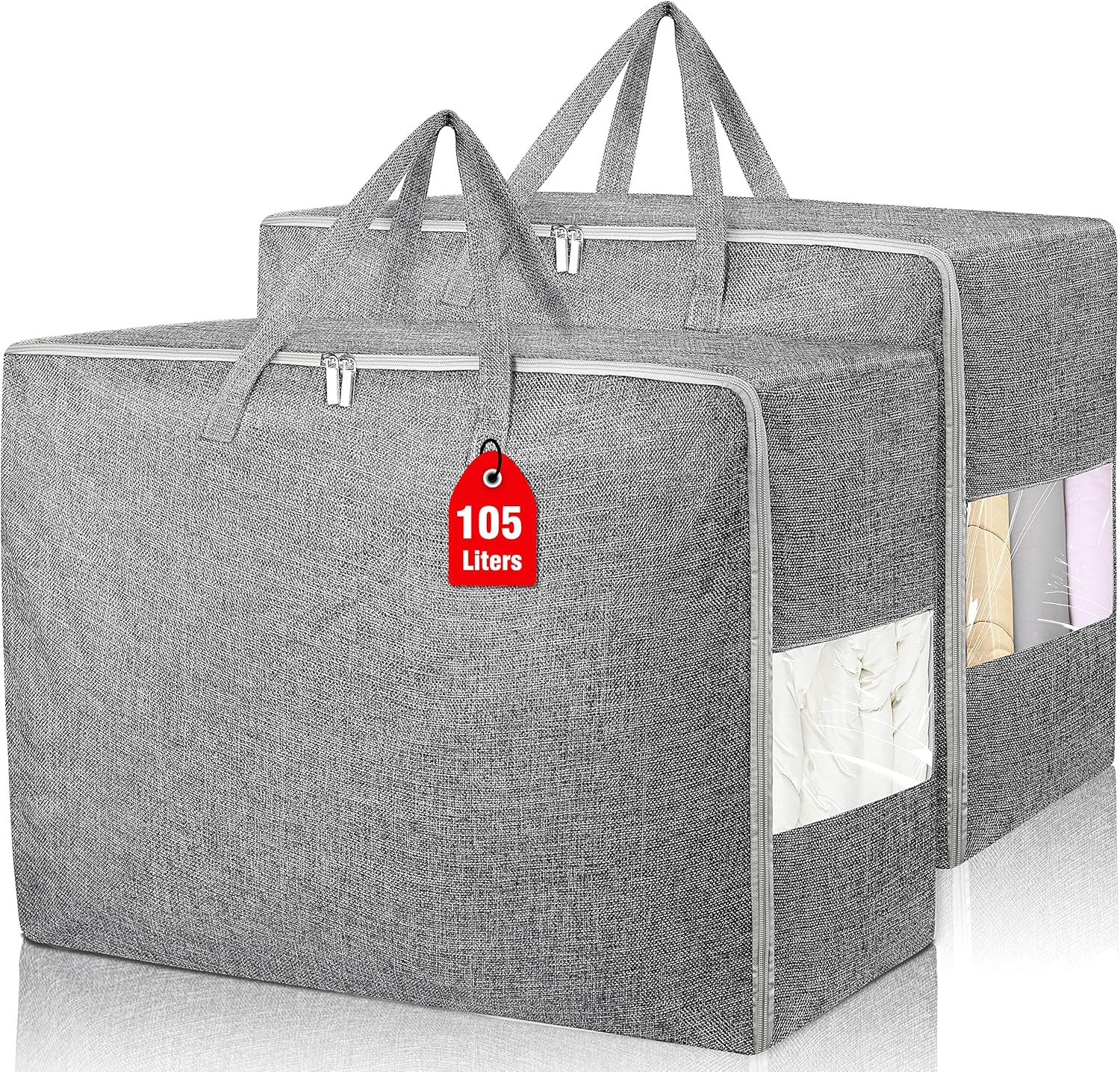 2Pack 105L Extra Large Storage Bags, Folding Moving Comforter Blanket Storage Bags Closet Organizers and Storage Containers for Clothes with Strong Handles&Zippers Clear Window for Bedding Pillow Grey - Image 1