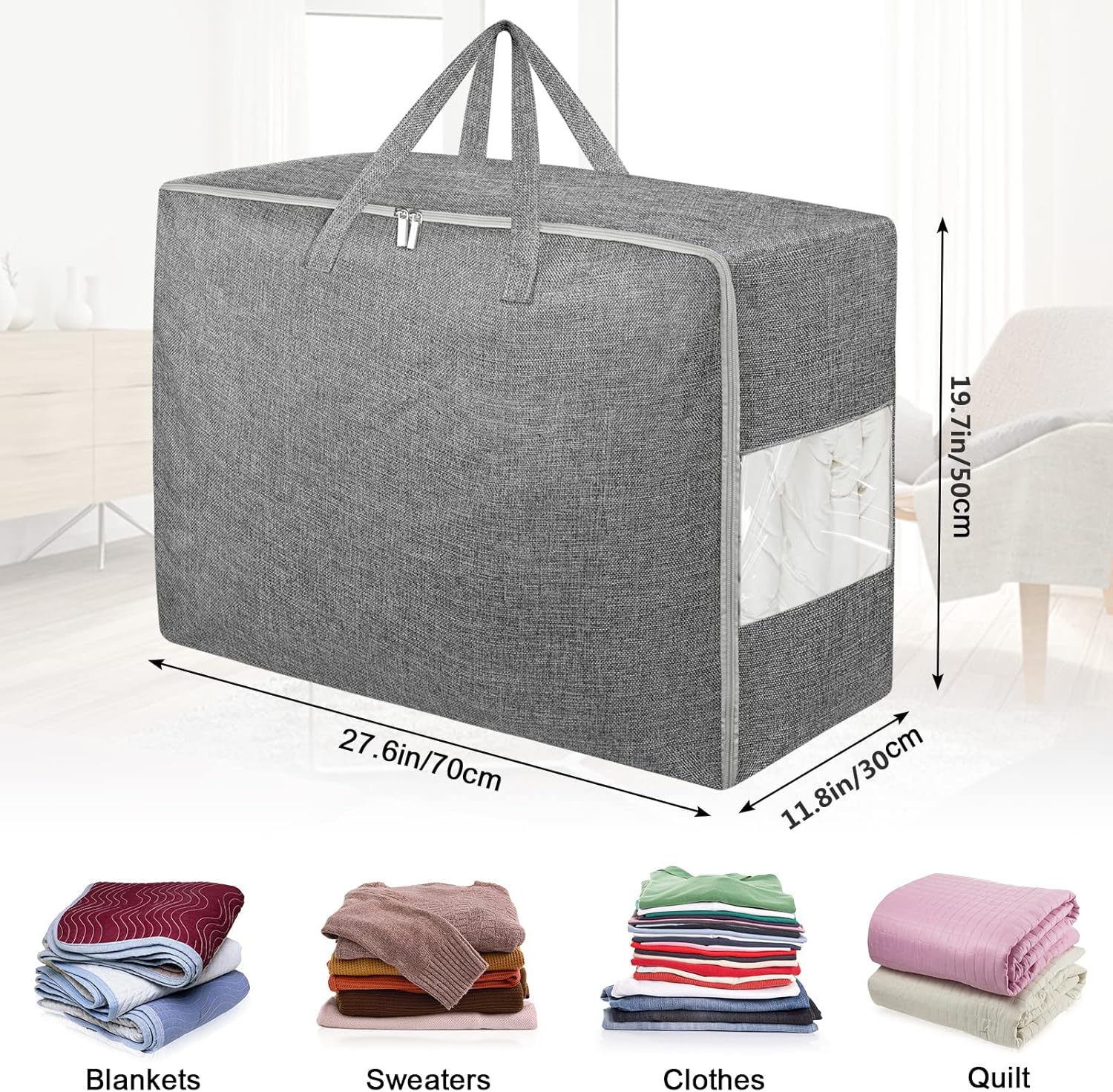 2Pack 105L Extra Large Storage Bags, Folding Moving Comforter Blanket Storage Bags Closet Organizers and Storage Containers for Clothes with Strong Handles&Zippers Clear Window for Bedding Pillow Grey - Image 2