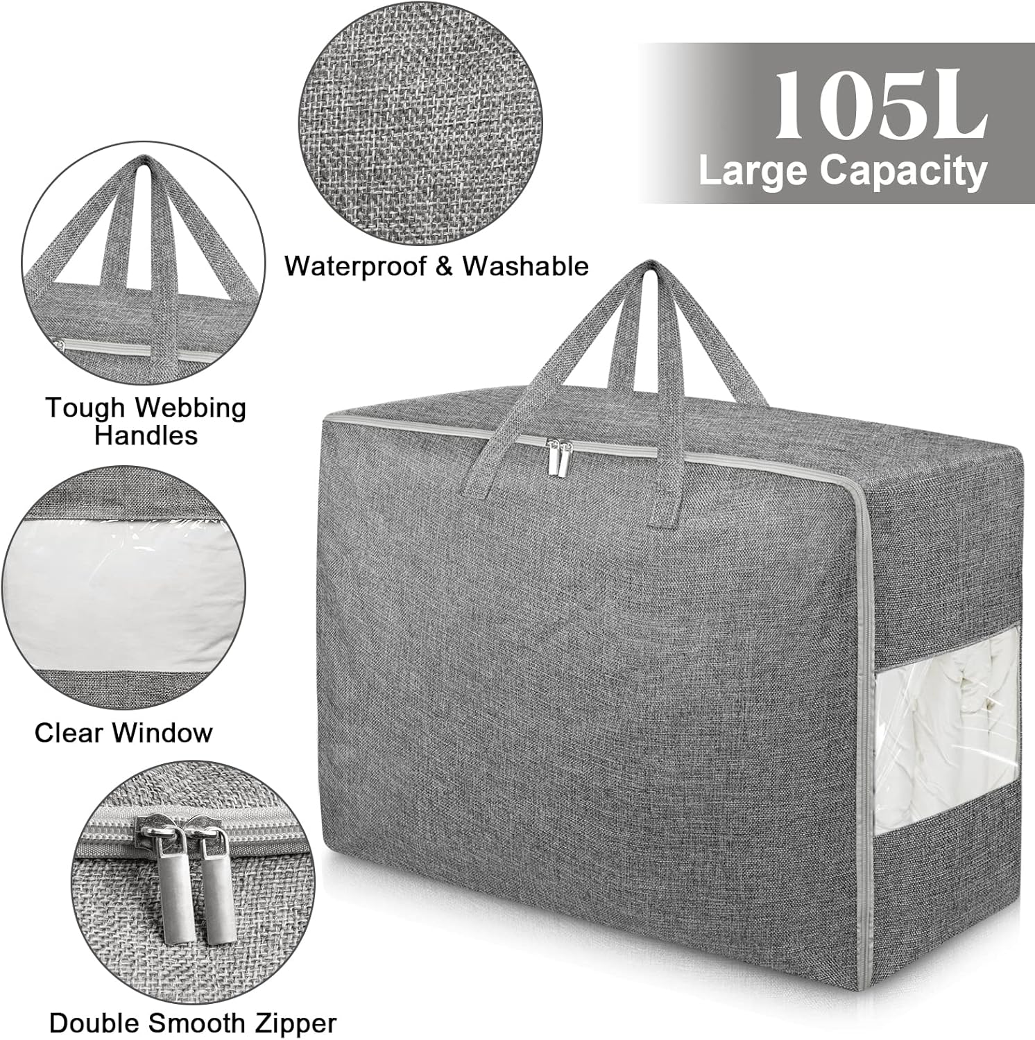 2Pack 105L Extra Large Storage Bags, Folding Moving Comforter Blanket Storage Bags Closet Organizers and Storage Containers for Clothes with Strong Handles&Zippers Clear Window for Bedding Pillow Grey - Image 3