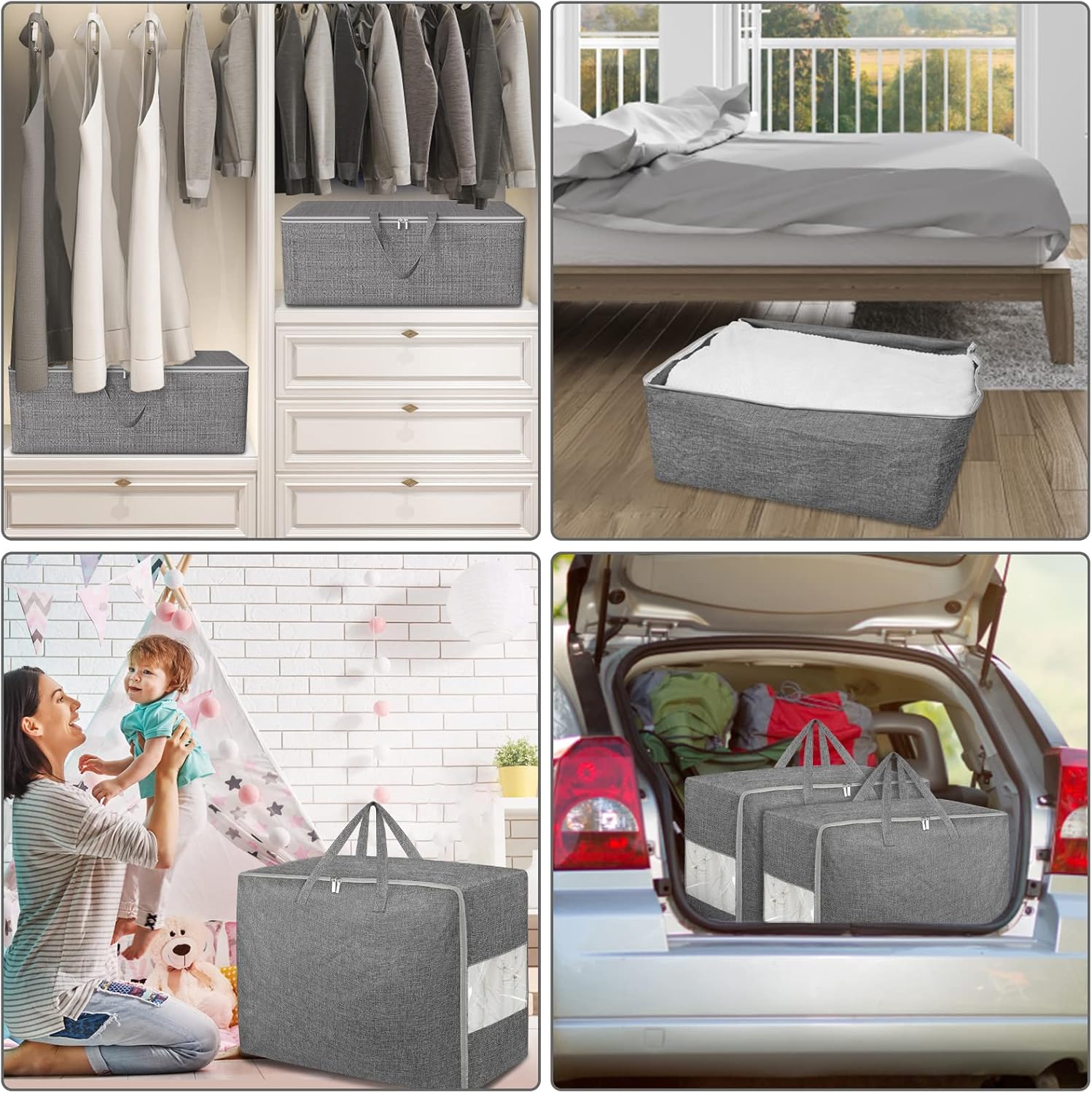2Pack 105L Extra Large Storage Bags, Folding Moving Comforter Blanket Storage Bags Closet Organizers and Storage Containers for Clothes with Strong Handles&Zippers Clear Window for Bedding Pillow Grey - Image 6