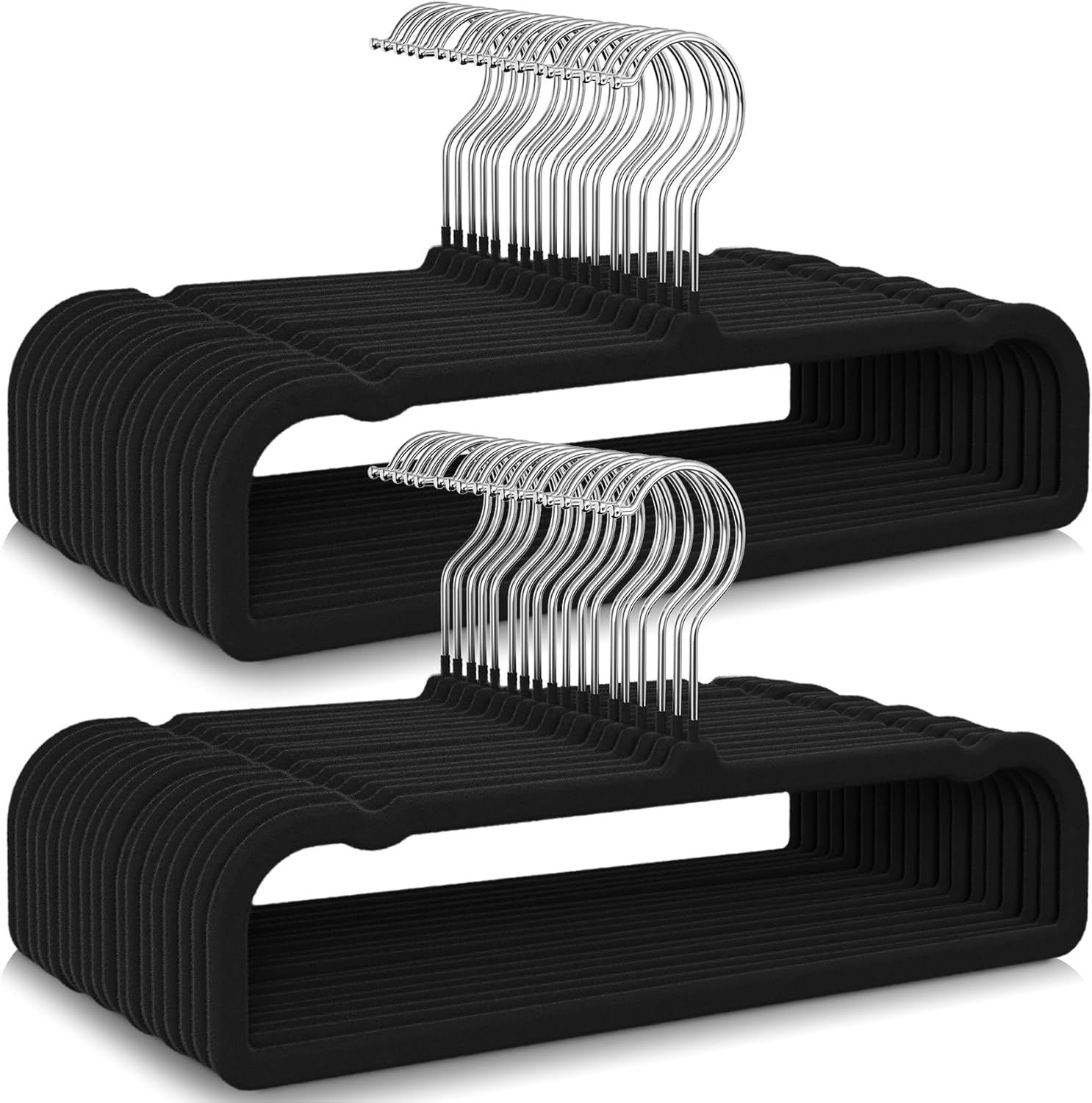 50 Pack Black Velvet Hangers Non Slip, Felt Pants Hangers Thin Space Saving Clothes Hanger Flocked Strong Durable Ganchos para Colgar Ropa with 360°Swivel Hook for Pants Jeans Shorts Skirts Tank Top - Image 1