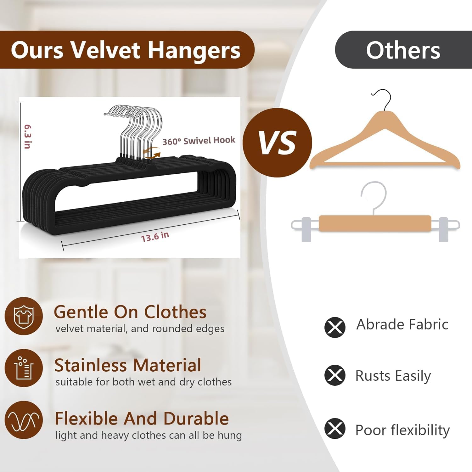 50 Pack Black Velvet Hangers Non Slip, Felt Pants Hangers Thin Space Saving Clothes Hanger Flocked Strong Durable Ganchos para Colgar Ropa with 360°Swivel Hook for Pants Jeans Shorts Skirts Tank Top - Image 3