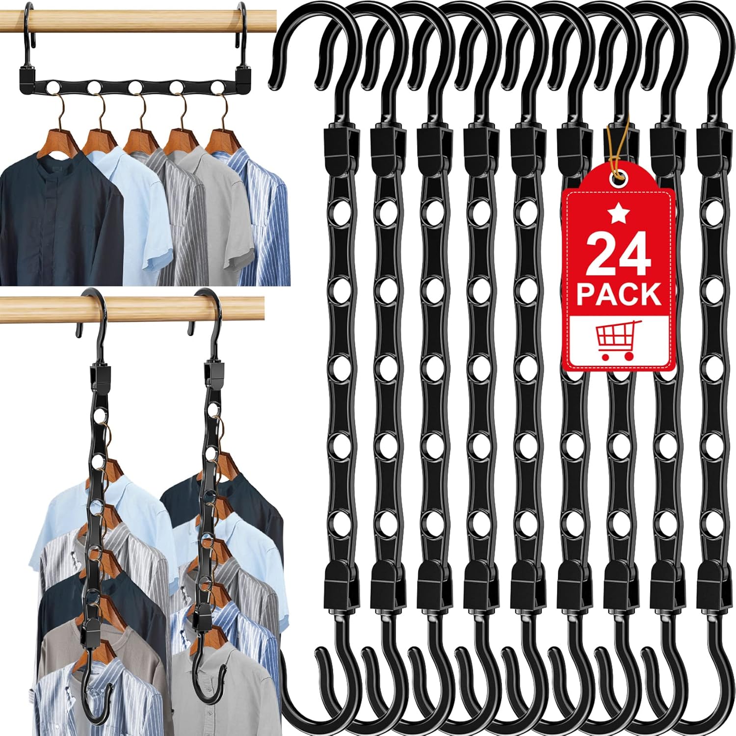 24 Pack Hangers Space Saving Magic Space Saver Storage Smart Plastic Clothes Hanger Organizer Closet Organizers and Storage for Closet Wardrobe Apartment College Dorm Room Essentials, Black - Image 1