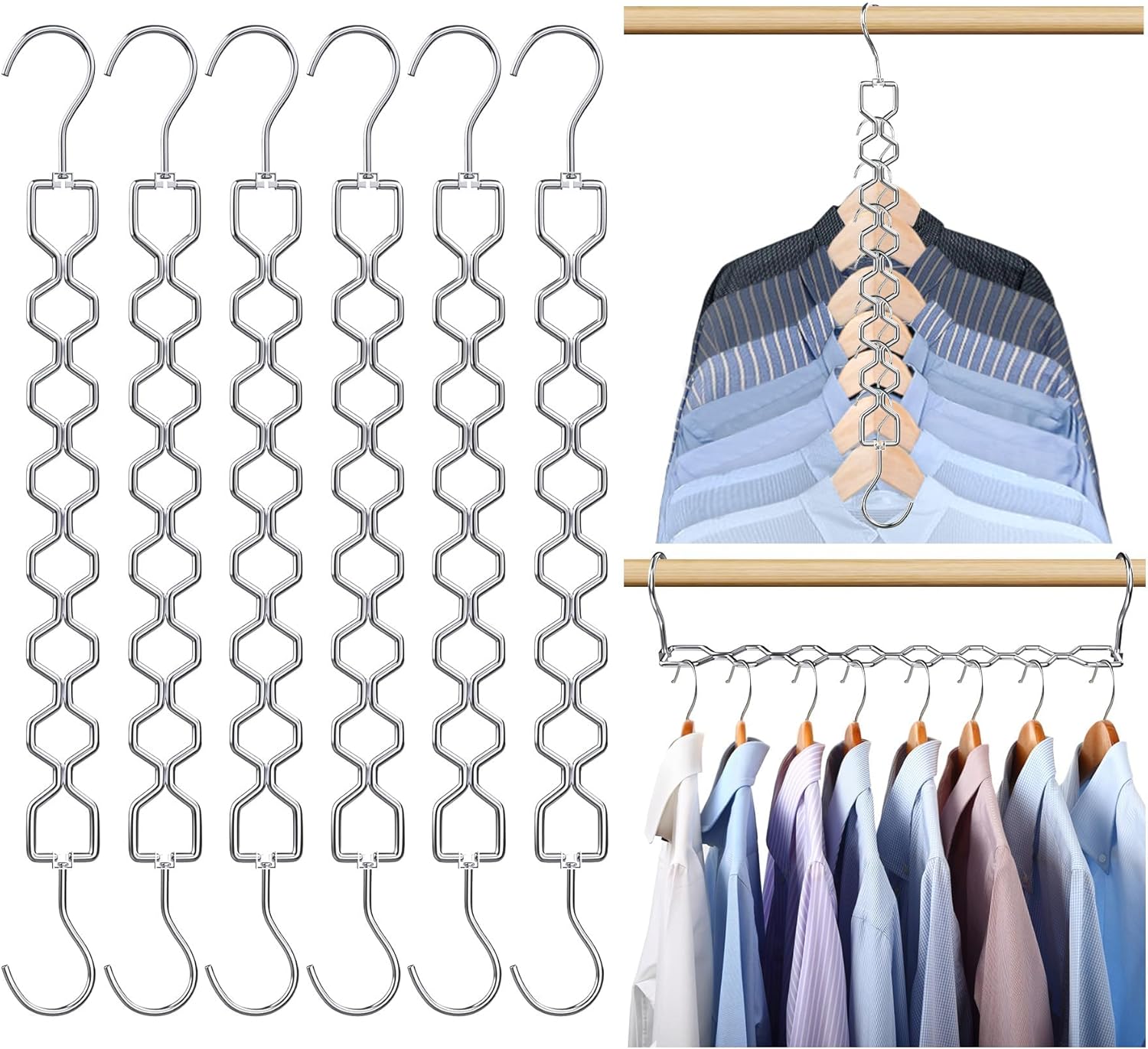 Space Saving Hangers for Clothes 6 Pack, Sturdy Metal Hangers Heavy Duty Magic Clothes Space Saver Hanger Organizer with 360° Swivel Hook, Closet Organizers and Storage Dorm Room Essentials Silver - Image 1