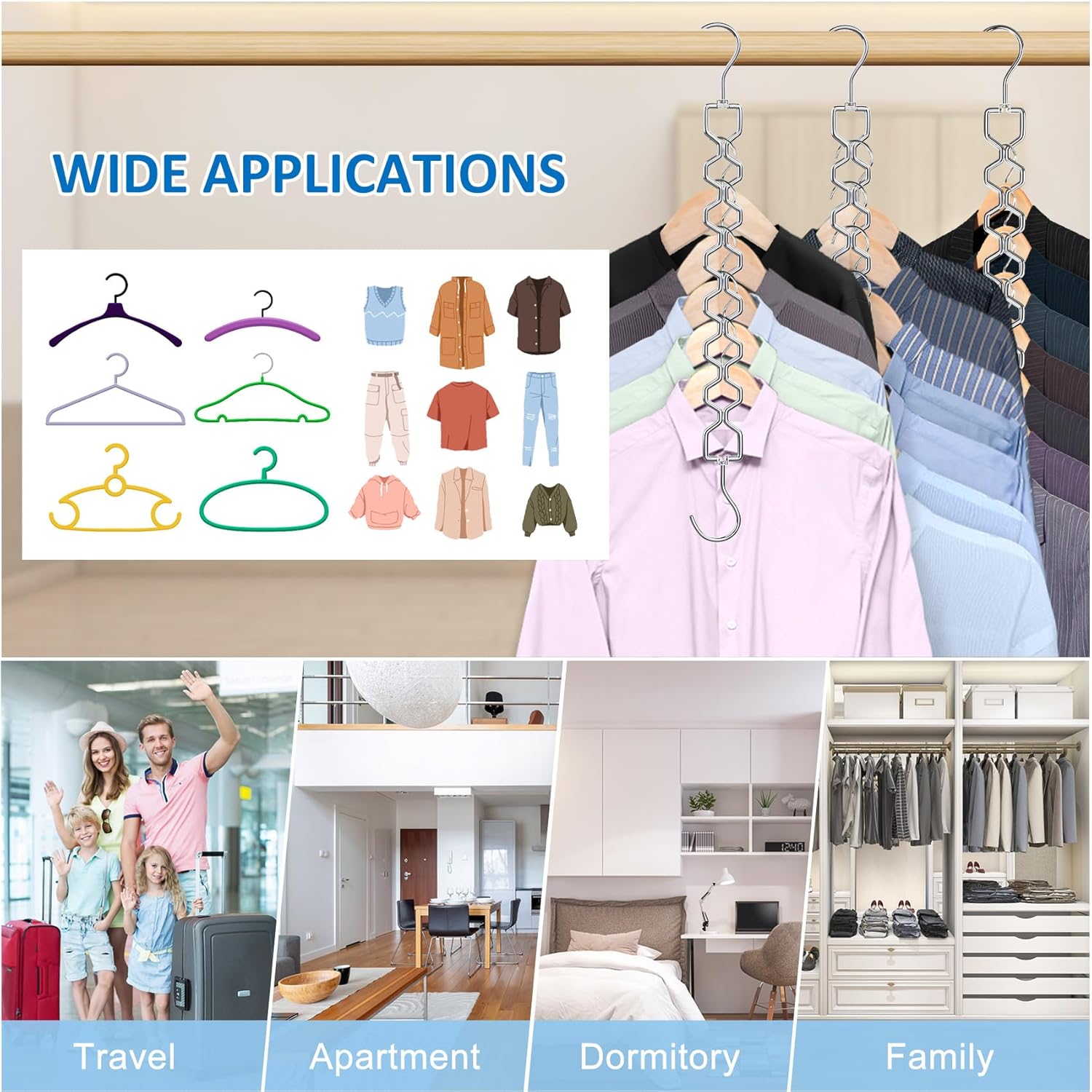 Space Saving Hangers for Clothes 6 Pack, Sturdy Metal Hangers Heavy Duty Magic Clothes Space Saver Hanger Organizer with 360° Swivel Hook, Closet Organizers and Storage Dorm Room Essentials Silver - Image 3