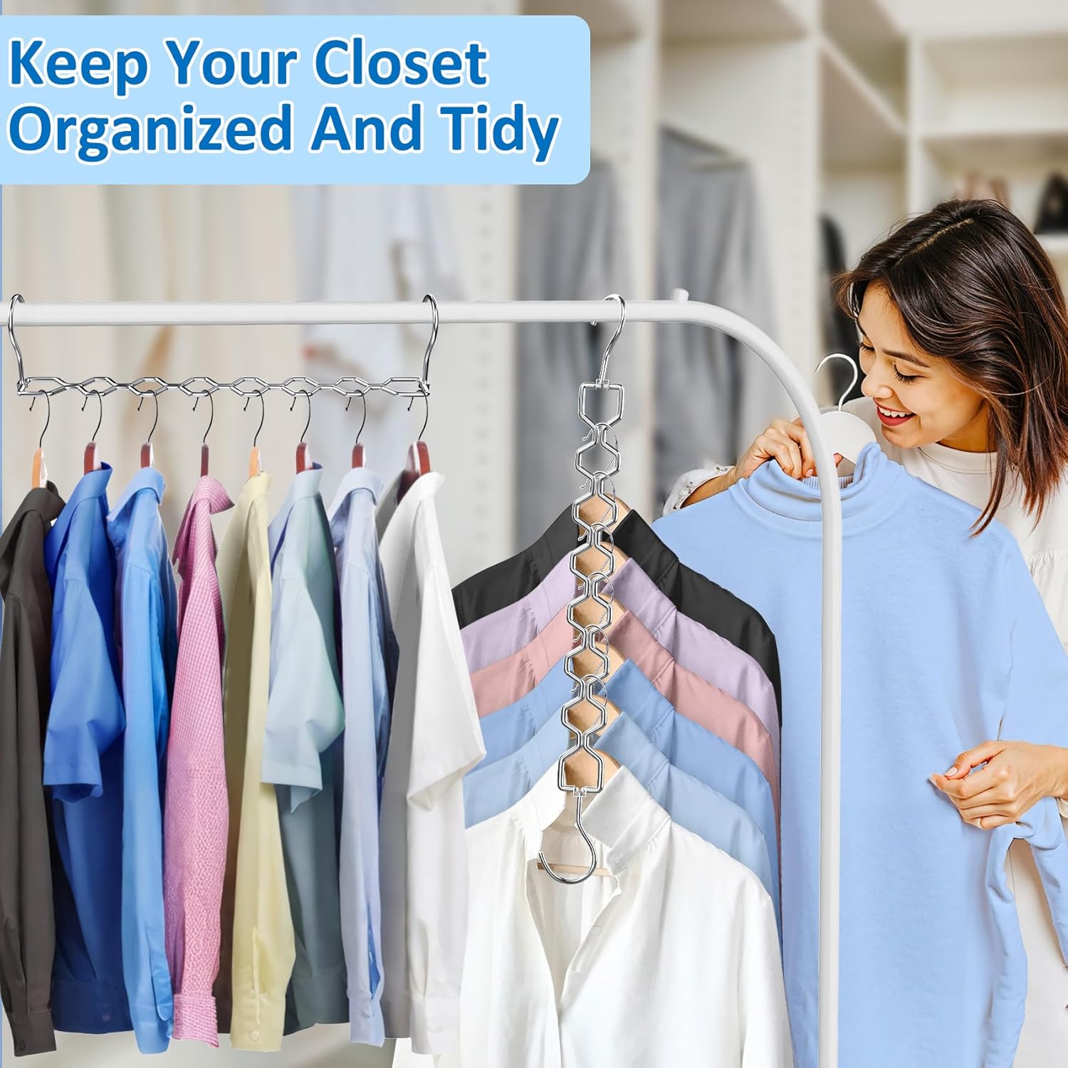Space Saving Hangers for Clothes 6 Pack, Sturdy Metal Hangers Heavy Duty Magic Clothes Space Saver Hanger Organizer with 360° Swivel Hook, Closet Organizers and Storage Dorm Room Essentials Silver - Image 6