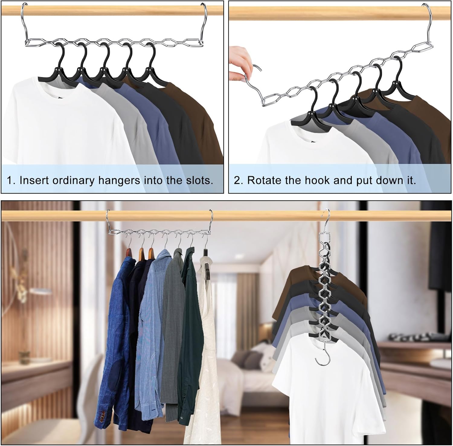 Space Saving Hangers for Clothes 6 Pack, Sturdy Metal Hangers Heavy Duty Magic Clothes Space Saver Hanger Organizer with 360° Swivel Hook, Closet Organizers and Storage Dorm Room Essentials Silver - Image 7