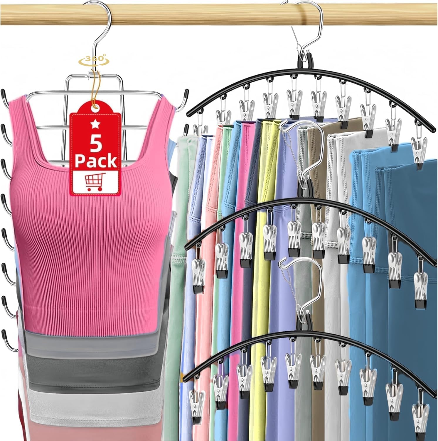 5 Pack Legging Organizer for Closet Hanging, 3 Pants Leggings Hangers with 30 Clips, 1 Tank Top Hanger, 1 Metal Magic Space Saving Hangers Closet Organizers and Storage for Pants Skirts Bra - Image 1