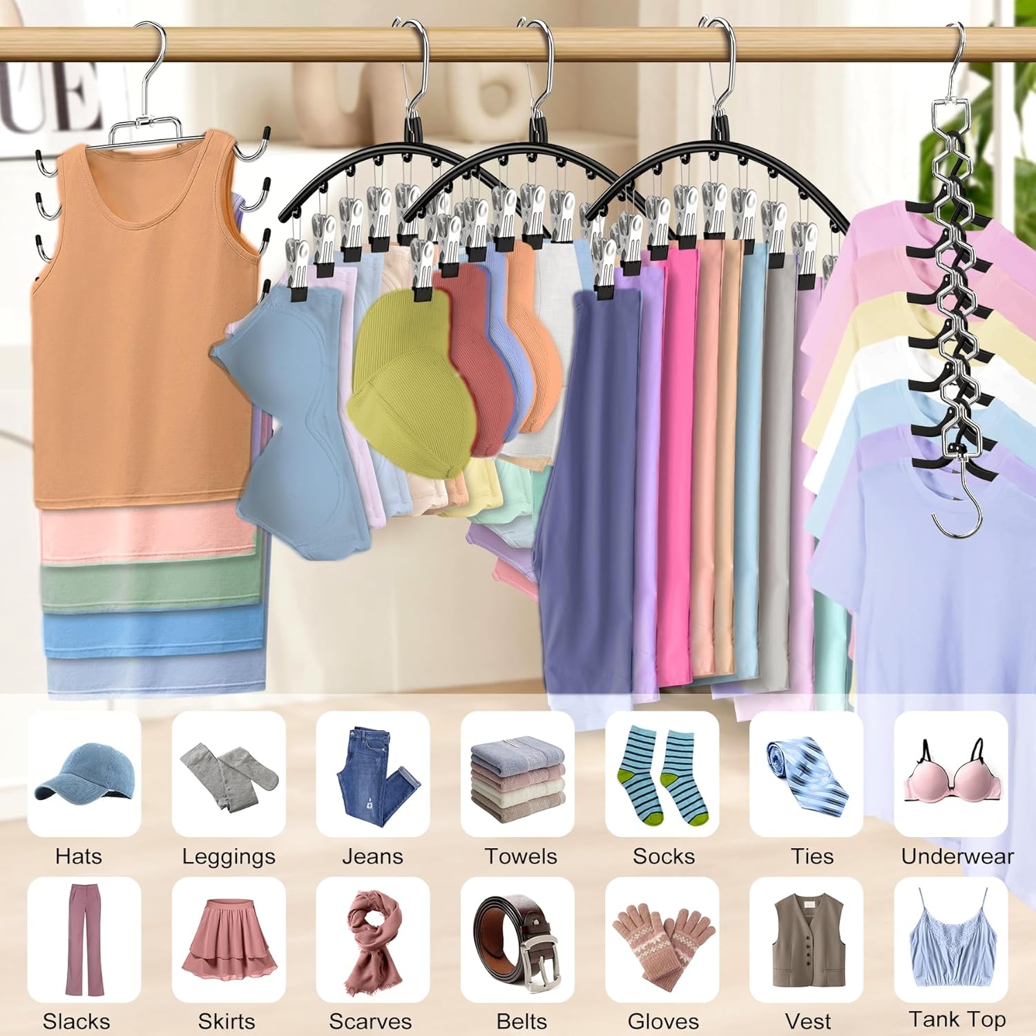 5 Pack Legging Organizer for Closet Hanging, 3 Pants Leggings Hangers with 30 Clips, 1 Tank Top Hanger, 1 Metal Magic Space Saving Hangers Closet Organizers and Storage for Pants Skirts Bra - Image 2