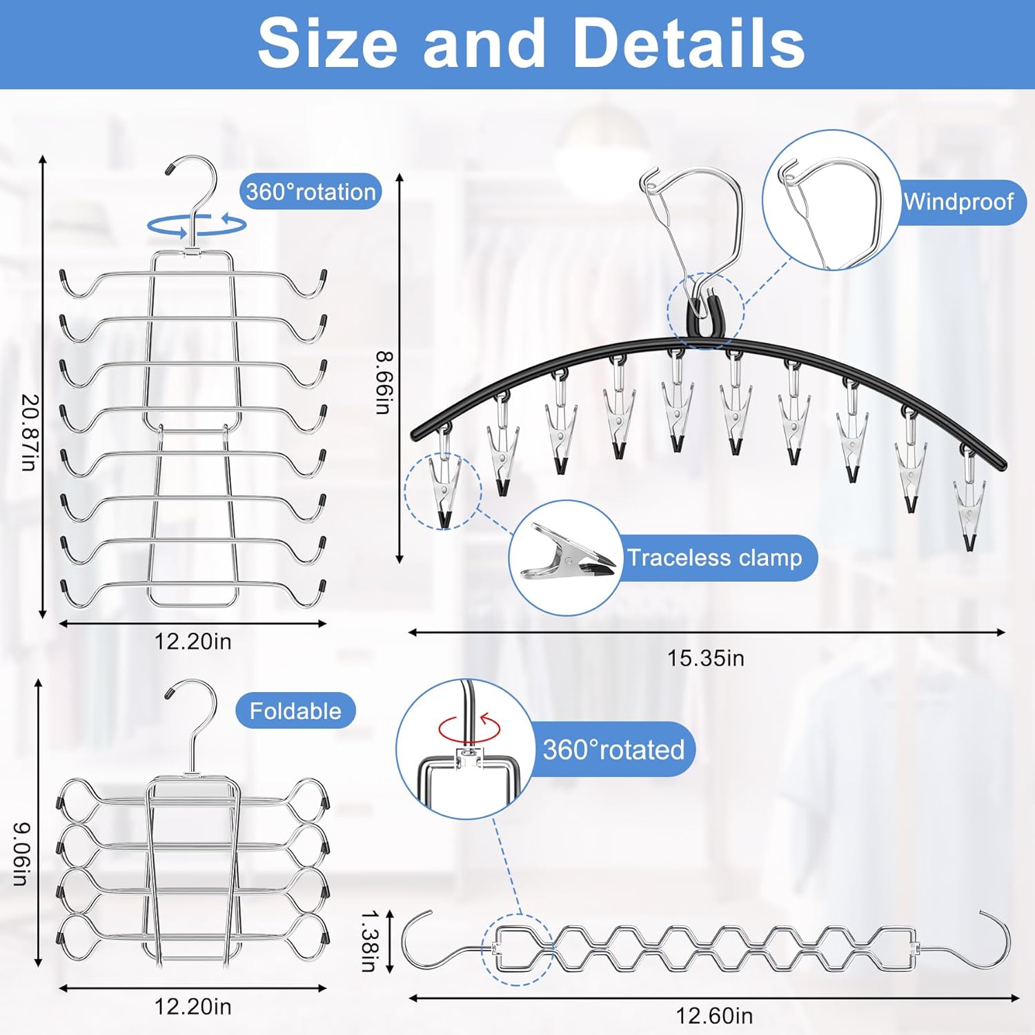5 Pack Legging Organizer for Closet Hanging, 3 Pants Leggings Hangers with 30 Clips, 1 Tank Top Hanger, 1 Metal Magic Space Saving Hangers Closet Organizers and Storage for Pants Skirts Bra - Image 3