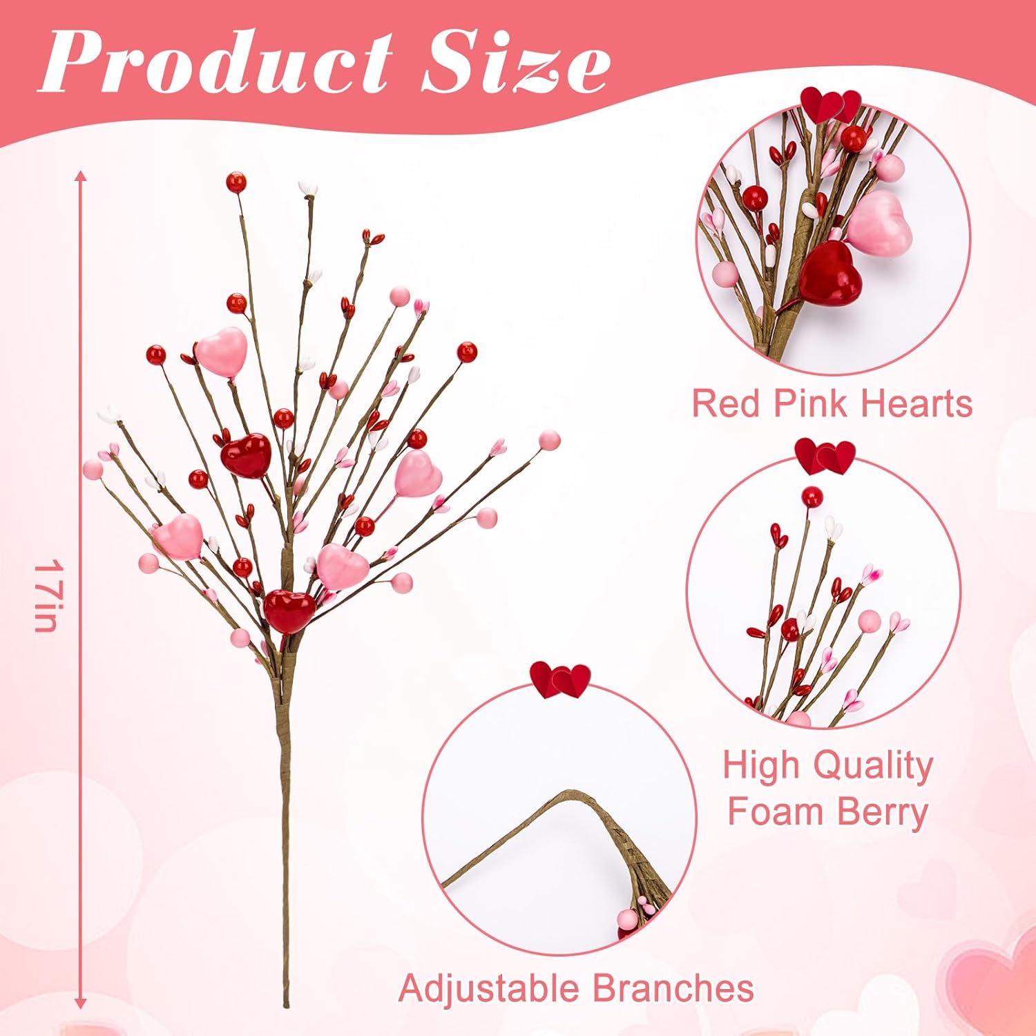 Valentines Day Decorations, Valentine Artificial Flowers Picks Pink Red Heart Shaped Berry Stems Valentines Day Gifts for Home Wedding Candlelight Dinner Anniversary Birthday Party Office Table Decor - Image 3
