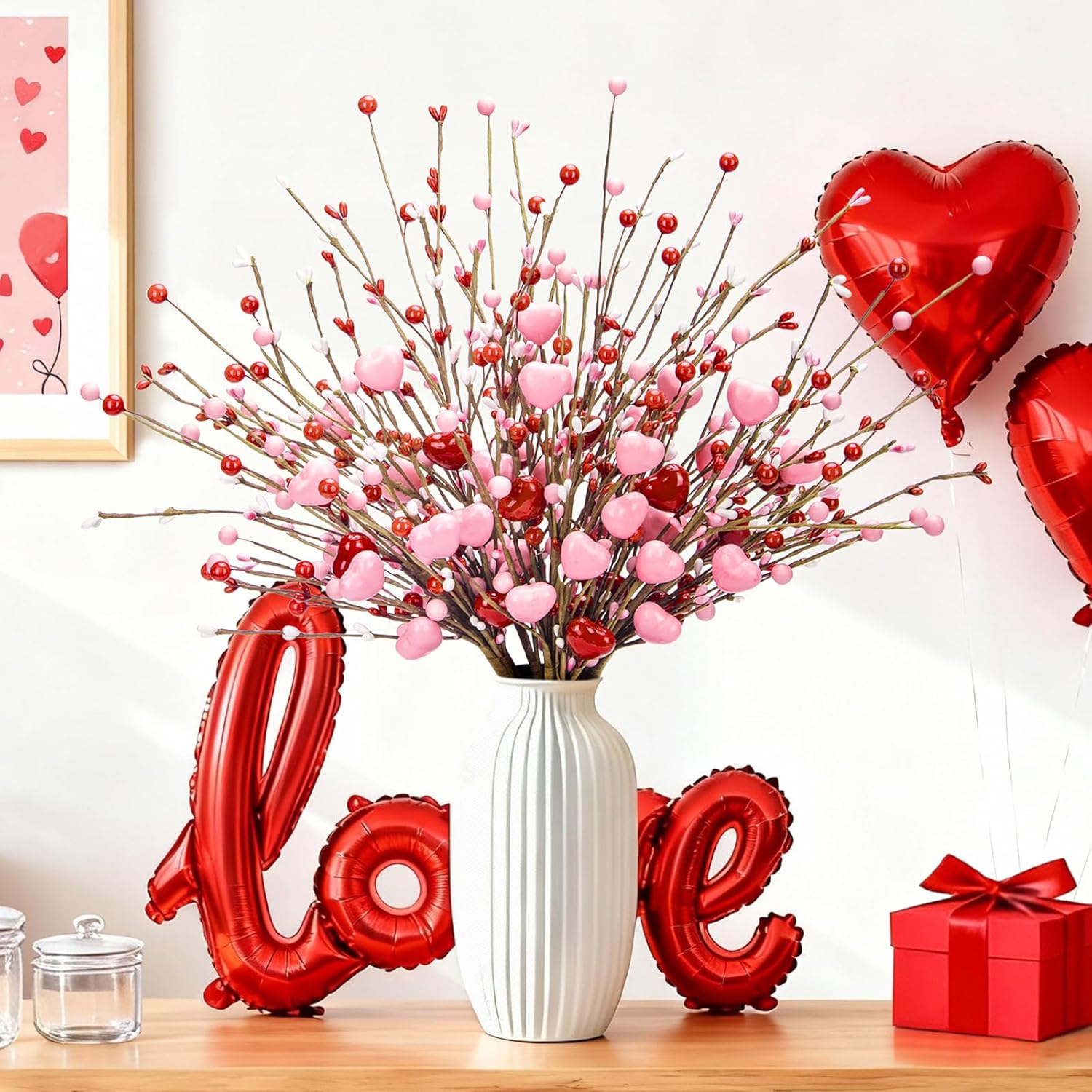 Valentines Day Decorations, Valentine Artificial Flowers Picks Pink Red Heart Shaped Berry Stems Valentines Day Gifts for Home Wedding Candlelight Dinner Anniversary Birthday Party Office Table Decor - Image 5