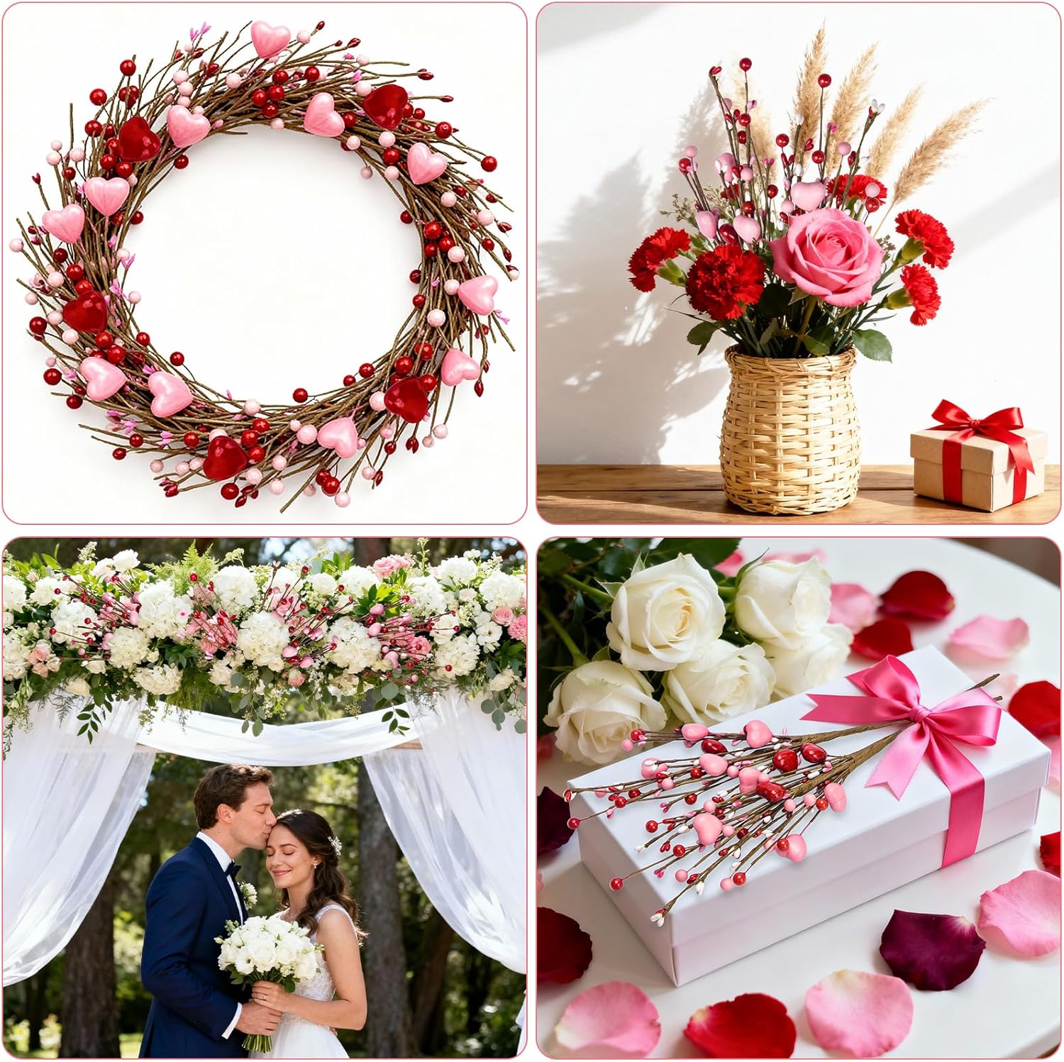 Valentines Day Decorations, Valentine Artificial Flowers Picks Pink Red Heart Shaped Berry Stems Valentines Day Gifts for Home Wedding Candlelight Dinner Anniversary Birthday Party Office Table Decor - Image 6