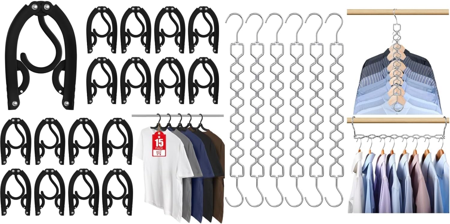 6 Pack Space Saving Hangers for Clothes, Heavy Duty 30Lbs Capacity Clothes Metal Hanger Organizer, 15 Pcs Travel Hangers Portable Foldable Travel Hanger Organizer - Image 1
