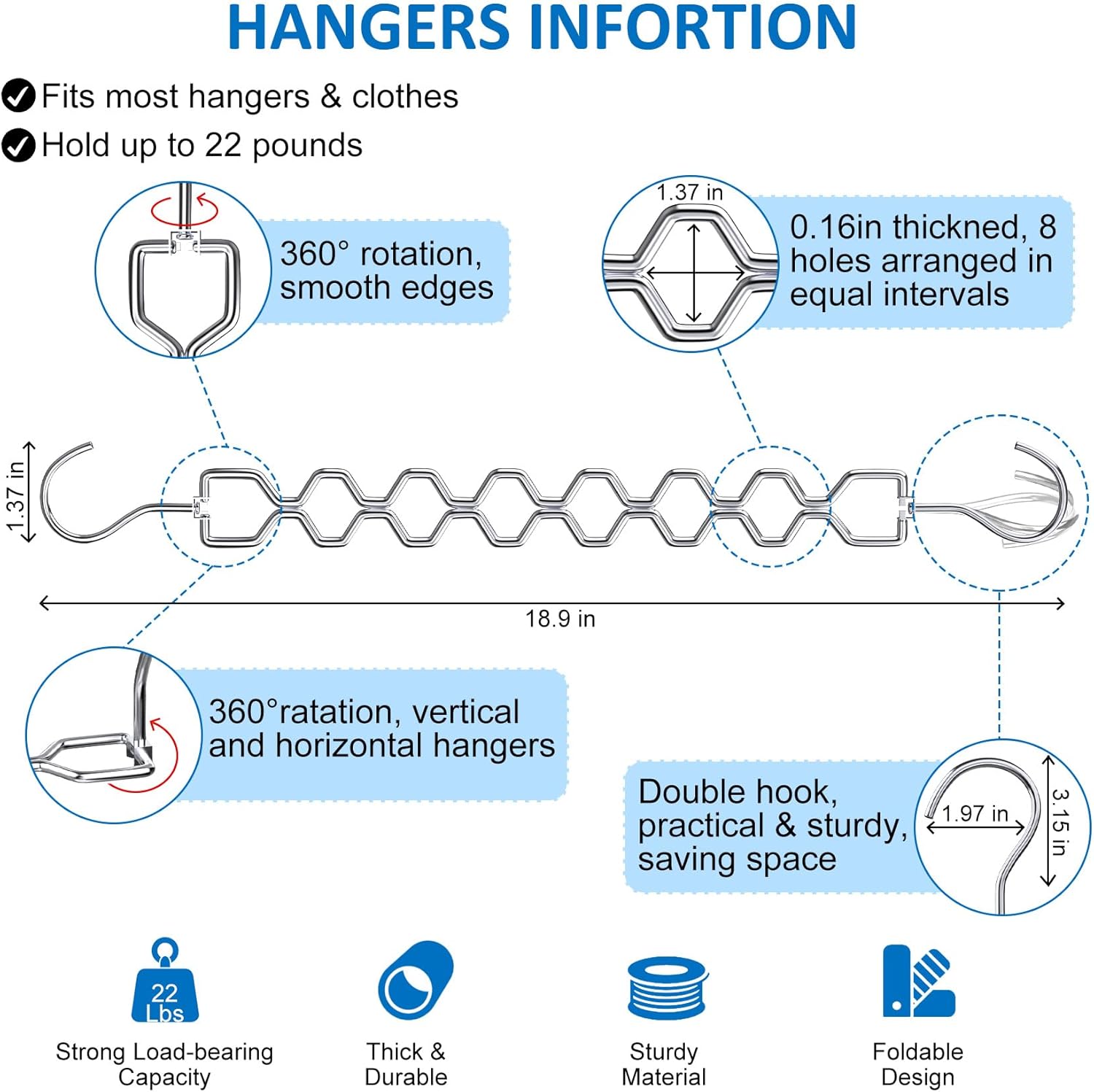 6 Pack Space Saving Hangers for Clothes, Heavy Duty 30Lbs Capacity Clothes Metal Hanger Organizer, 15 Pcs Travel Hangers Portable Foldable Travel Hanger Organizer - Image 4