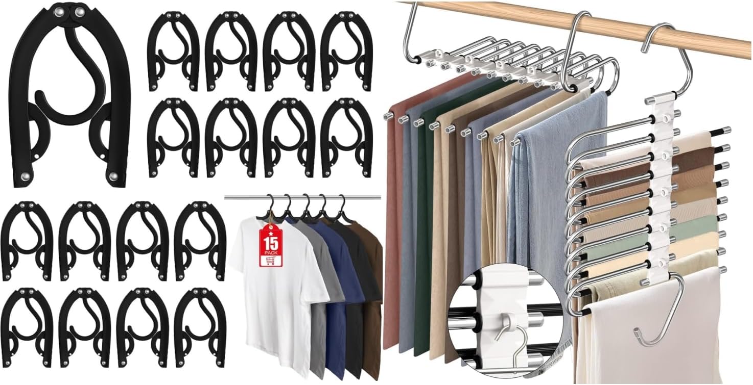 15 Pcs Travel Hangers Portable Foldable Travel Hanger Organizer 2 Pack 9 Layers Pants Hangers Space Saving - Image 1