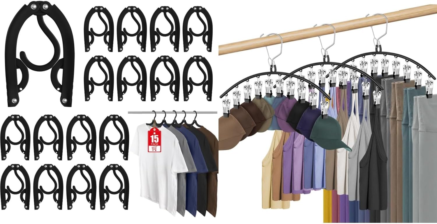 15 Pcs Travel Hangers Portable Foldable Travel Hanger Organizer and 3 Pack Skirt Pants Hangers with Clips - Image 1