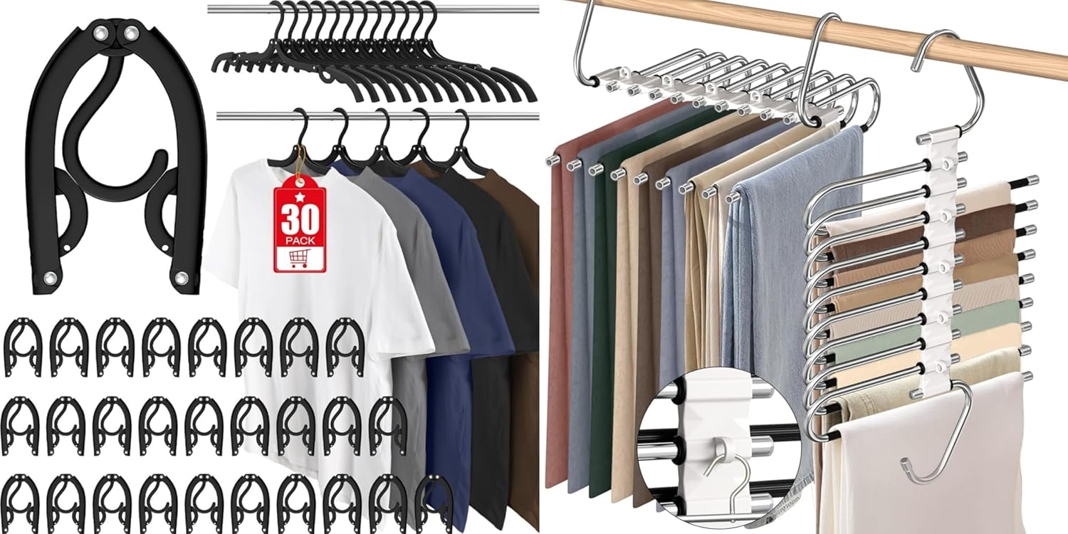 30 Pcs Travel Hangers Portable Foldable Travel Hanger Organizer and 2 Pack 9 Layers Pants Hangers Space Saving Cruise Essentials - Image 1