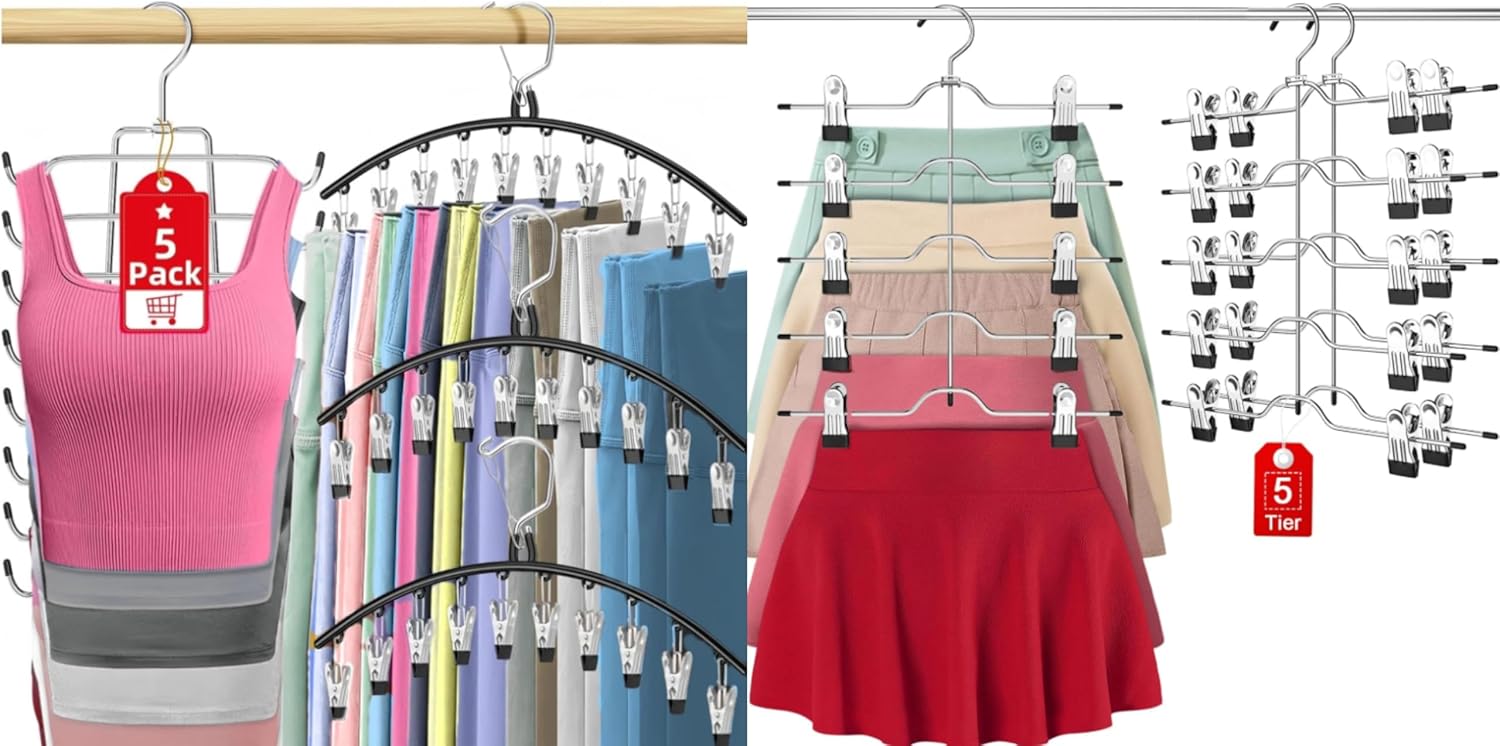 Legging Organizer for Closet Hanging, 3 Pants Leggings Hangers with 30 Clips, 2 Pack Pant Hangers Skirt Hangers, 1 Tank Top Hanger, 1 Metal Magic Space Saving Hangers Closet Organizers and Storage - Image 1