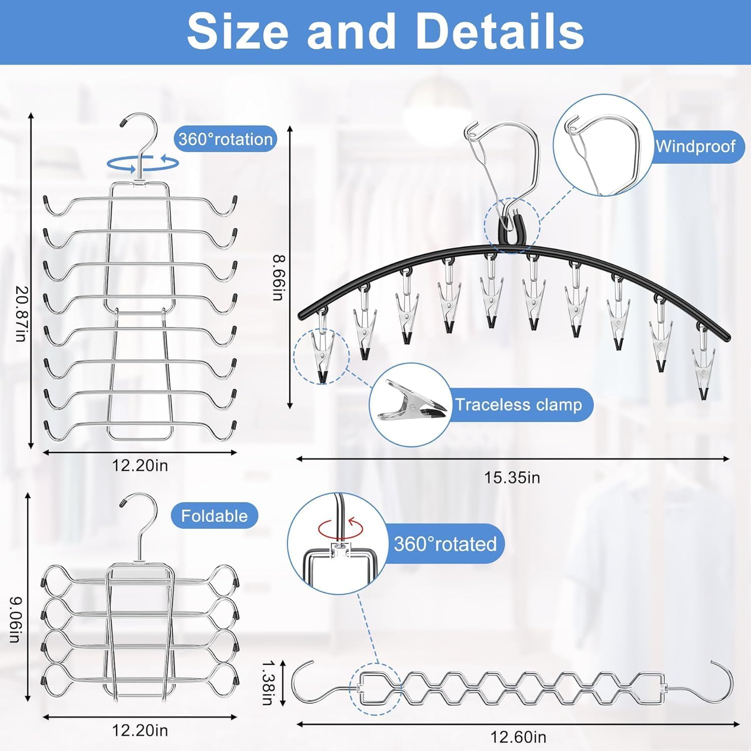 Legging Organizer for Closet Hanging, 3 Pants Leggings Hangers with 30 Clips, 2 Pack Pant Hangers Skirt Hangers, 1 Tank Top Hanger, 1 Metal Magic Space Saving Hangers Closet Organizers and Storage - Image 2