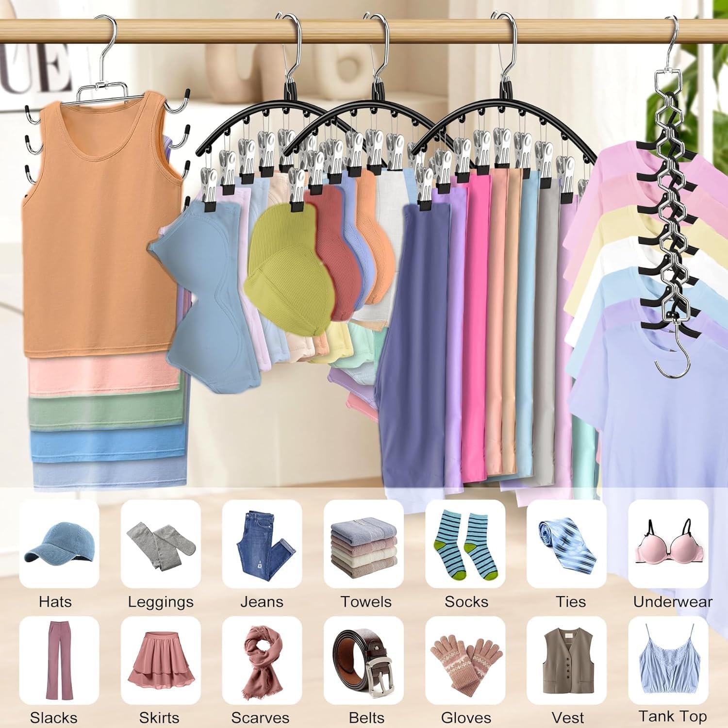 Legging Organizer for Closet Hanging, 3 Pants Leggings Hangers with 30 Clips, 2 Pack Pant Hangers Skirt Hangers, 1 Tank Top Hanger, 1 Metal Magic Space Saving Hangers Closet Organizers and Storage - Image 4