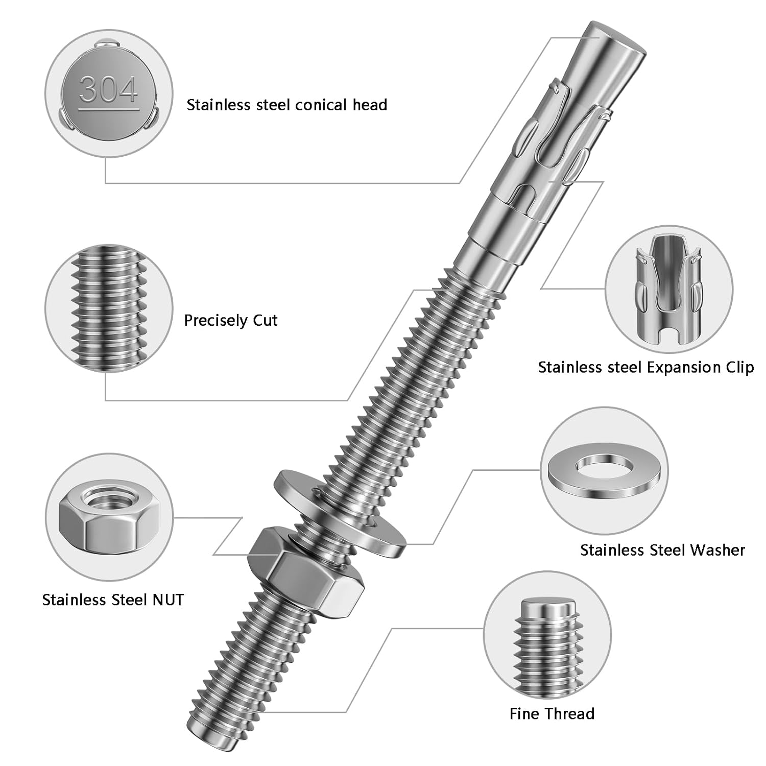10Pcs 3/8x2-1/2 Inch Standard Fasteners for Heavy-Duty 304 Stainless Steel Wedge Anchors for Cement and Concrete - Image 2