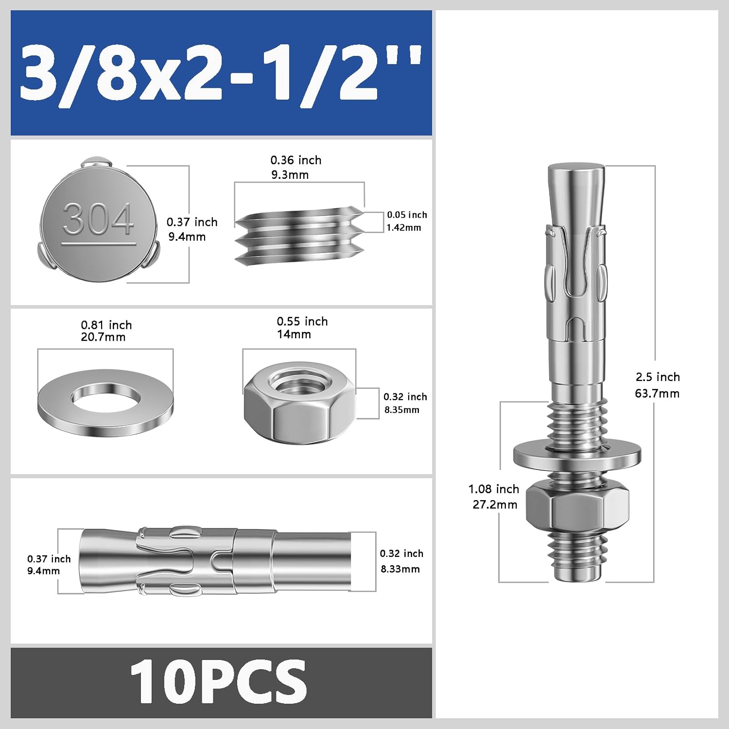 10Pcs 3/8x2-1/2 Inch Standard Fasteners for Heavy-Duty 304 Stainless Steel Wedge Anchors for Cement and Concrete - Image 3