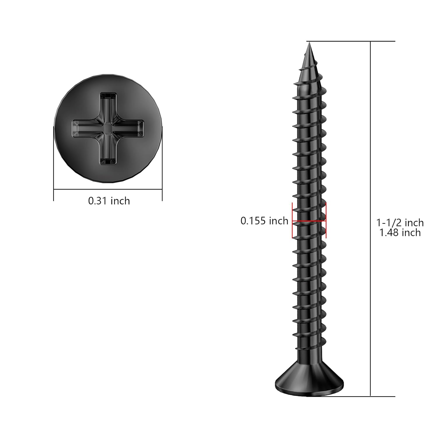 (300Pcs) #8x1-1/2 Black Wood Screw Quick Metal Self Tapping Flat Head - Image 2