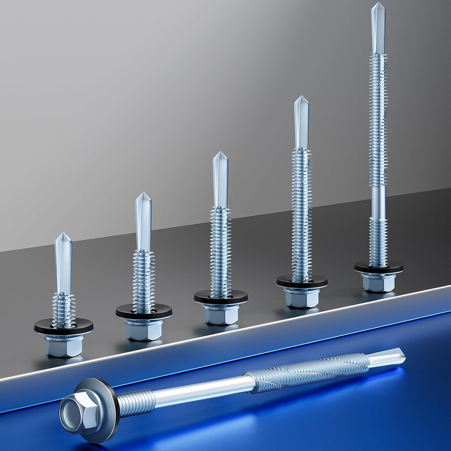(300pcs) #12X1-1/4 Extended Hexagonal self-Tapping zinc-Plated Screws with Rubber washers,10mm Steel Plate can be drilled - Image 4