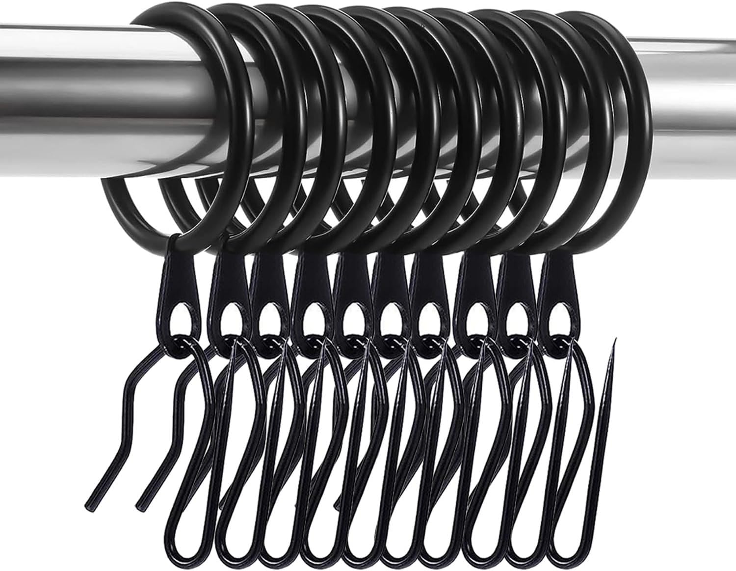 60 Pieces Metal Drapery Curtain Rings Curtain Hanging Rings and 60 Pieces Metal Curtain Drapery Pin Hooks for Window Curtain, Door Curtain and Shower Curtain (Black) - Image 1