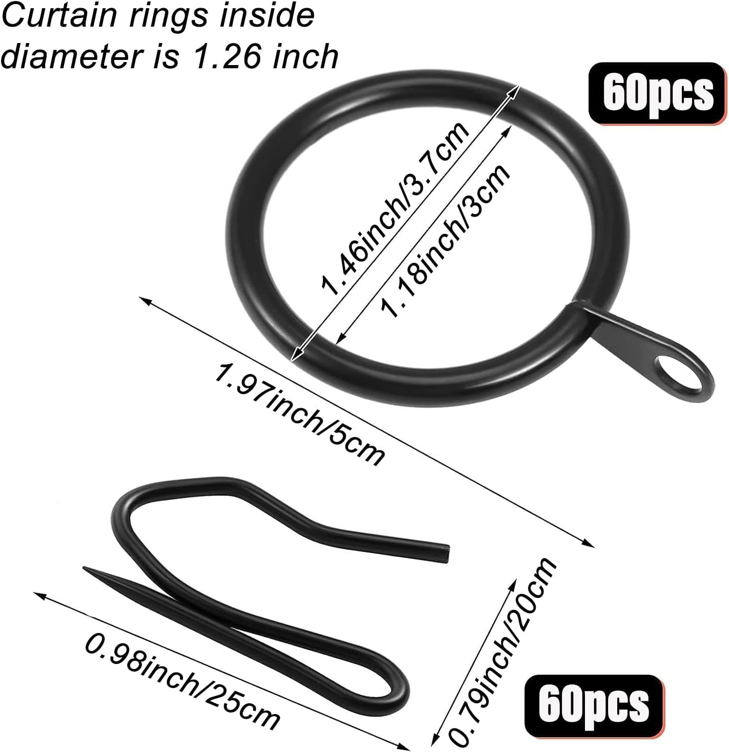 60 Pieces Metal Drapery Curtain Rings Curtain Hanging Rings and 60 Pieces Metal Curtain Drapery Pin Hooks for Window Curtain, Door Curtain and Shower Curtain (Black) - Image 2