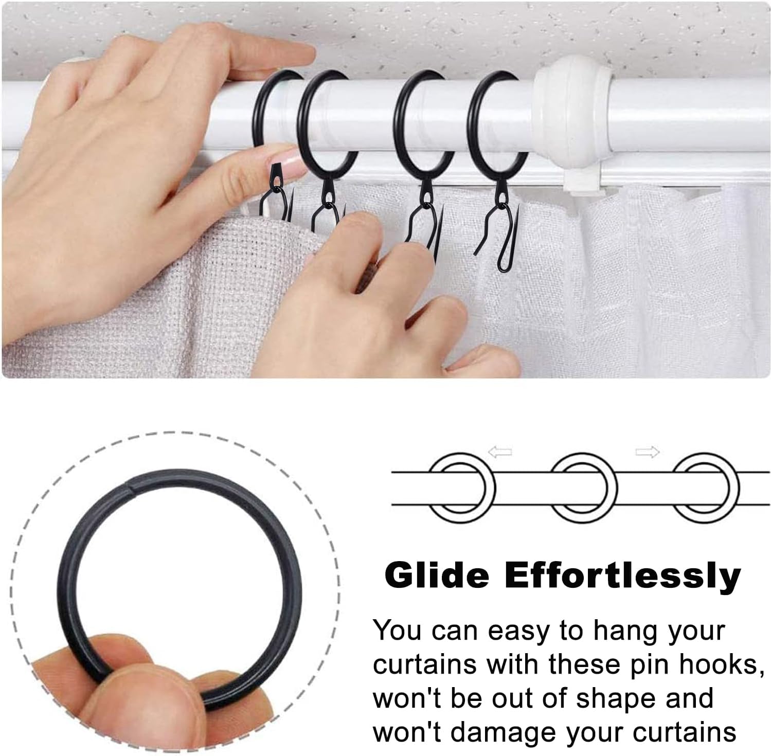 60 Pieces Metal Drapery Curtain Rings Curtain Hanging Rings and 60 Pieces Metal Curtain Drapery Pin Hooks for Window Curtain, Door Curtain and Shower Curtain (Black) - Image 3
