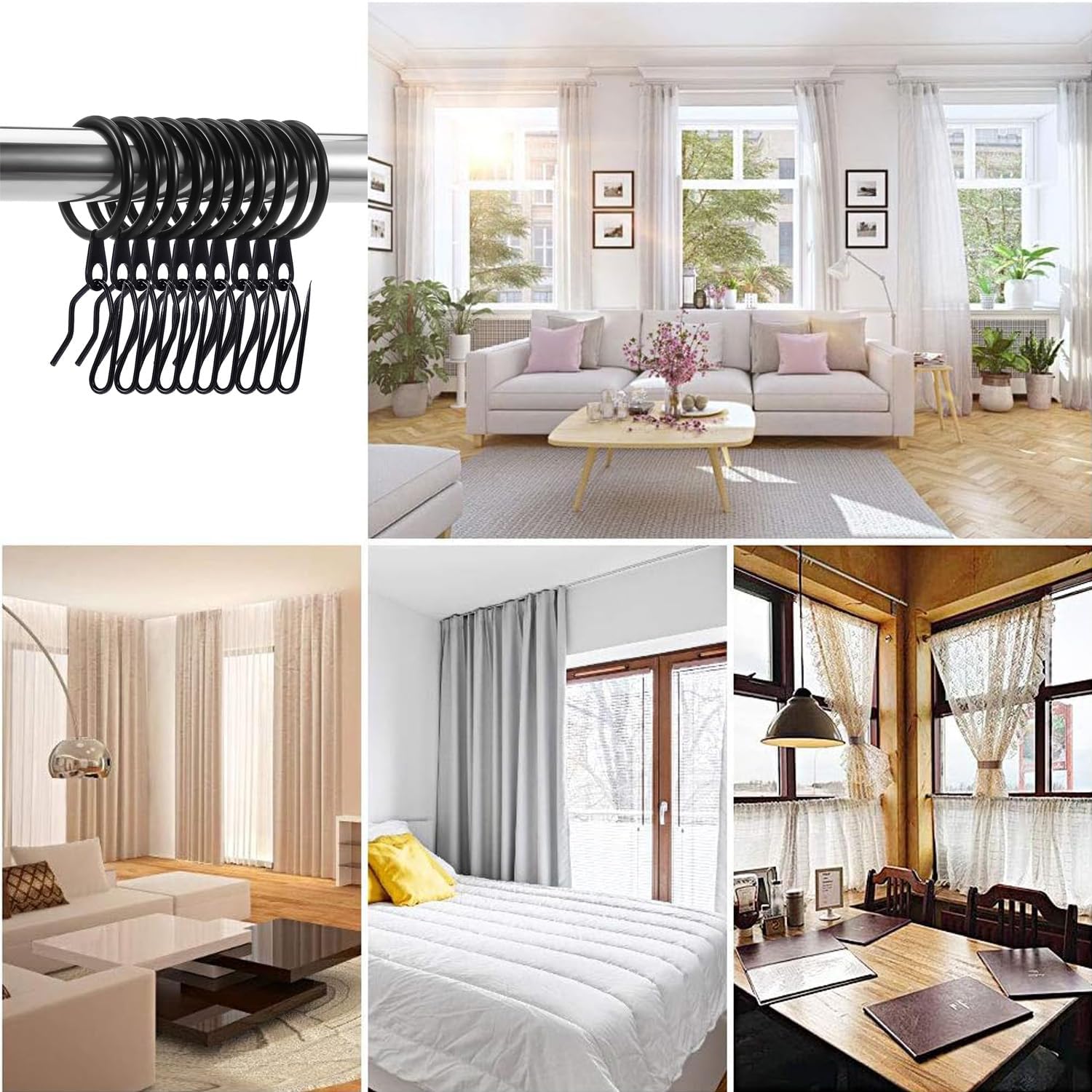 60 Pieces Metal Drapery Curtain Rings Curtain Hanging Rings and 60 Pieces Metal Curtain Drapery Pin Hooks for Window Curtain, Door Curtain and Shower Curtain (Black) - Image 7
