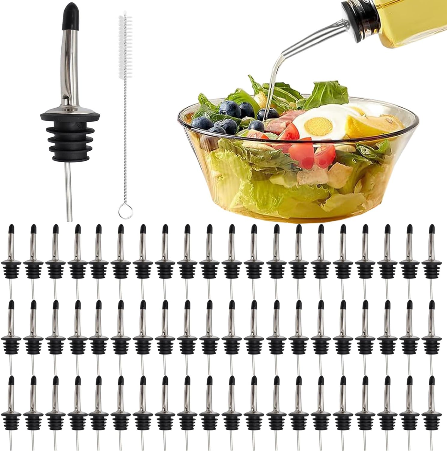 60 Pack Stainless Steel Liquor Pour Spouts with Rubber Caps, Bottle Pourers for Wine, Oil, Vinegar, and Alcohol – Bartender Bar Tools and Accessories - Image 1