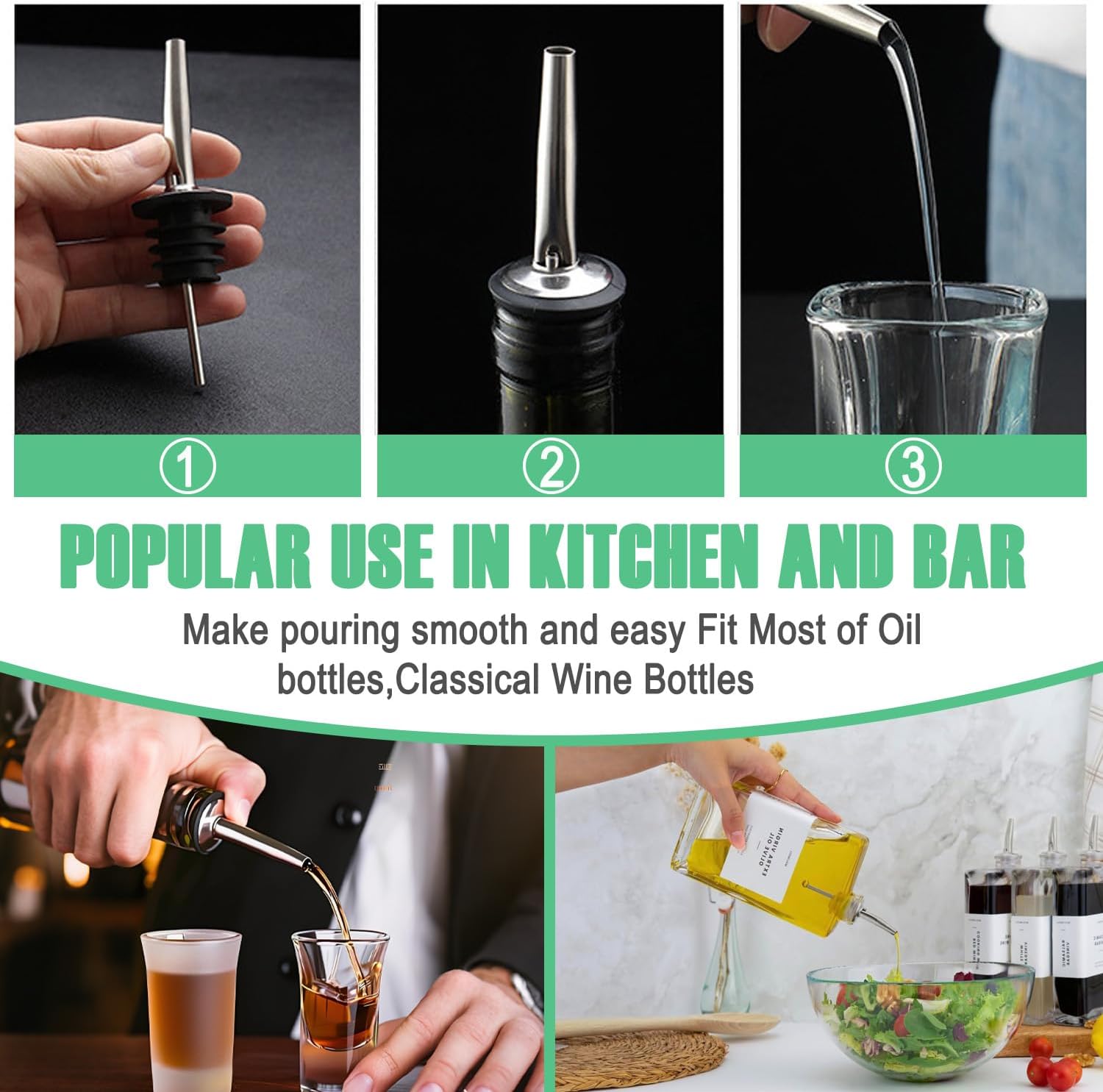60 Pack Stainless Steel Liquor Pour Spouts with Rubber Caps, Bottle Pourers for Wine, Oil, Vinegar, and Alcohol – Bartender Bar Tools and Accessories - Image 3