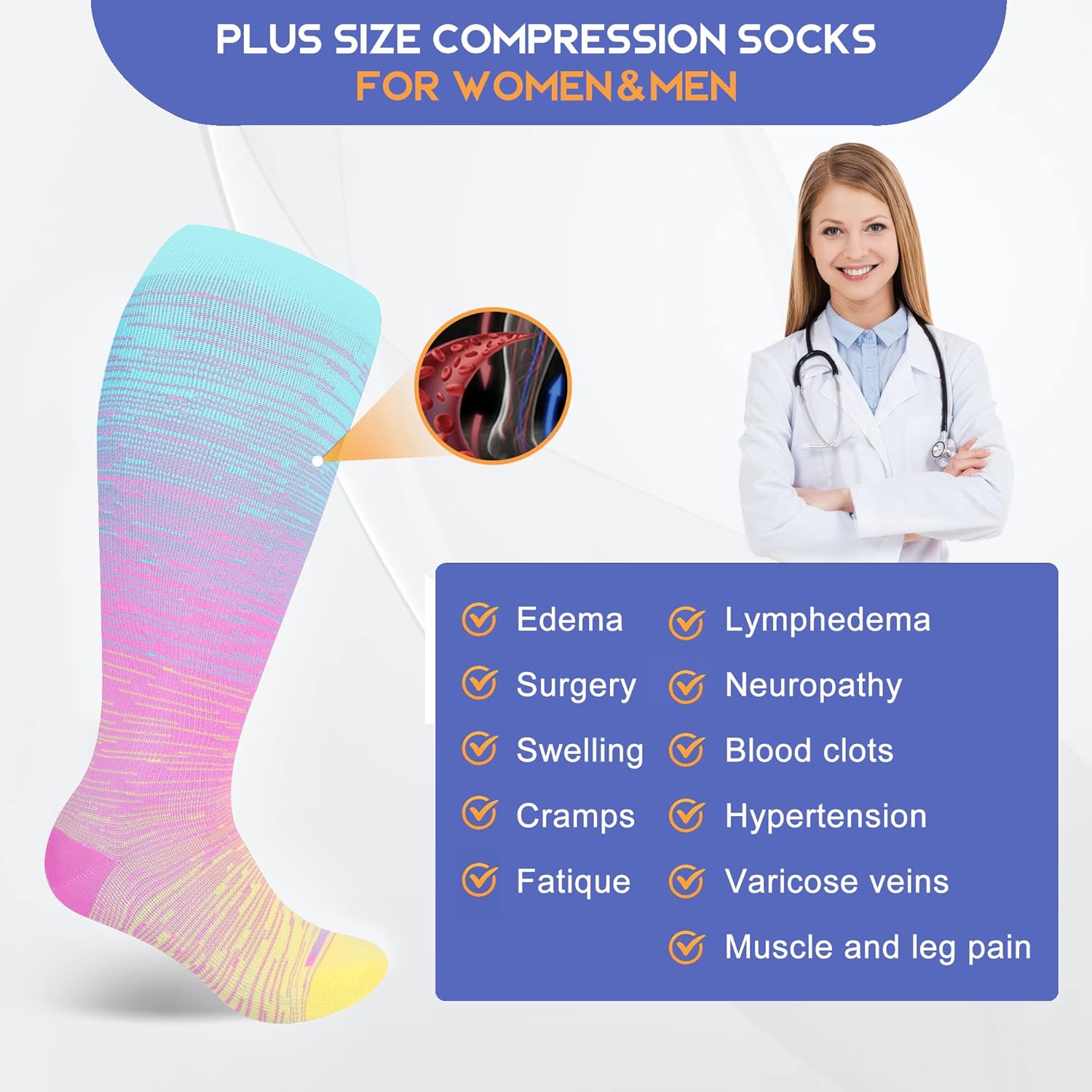 Pl Size Compression Socks for Women Men Wide Calf Extra Large 15-20 mmHg Knee High Sock for Nurses Pregnant Travel - Image 5