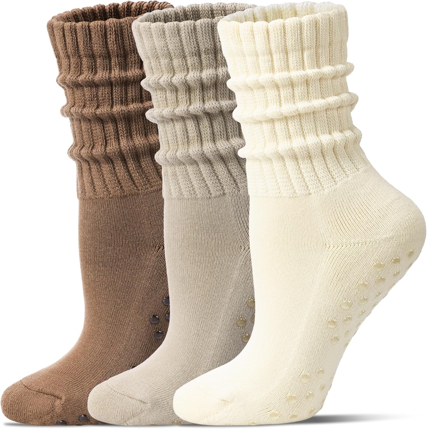 Pilates Socks for Women Mid Calf Slouch Yoga Socks with Non Slip Grippers for Barre Boot Sock 3 Pairs - Image 1