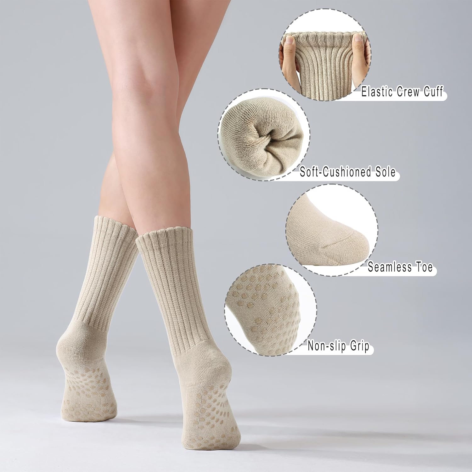 Pilates Socks for Women Mid Calf Slouch Yoga Socks with Non Slip Grippers for Barre Boot Sock 3 Pairs - Image 4
