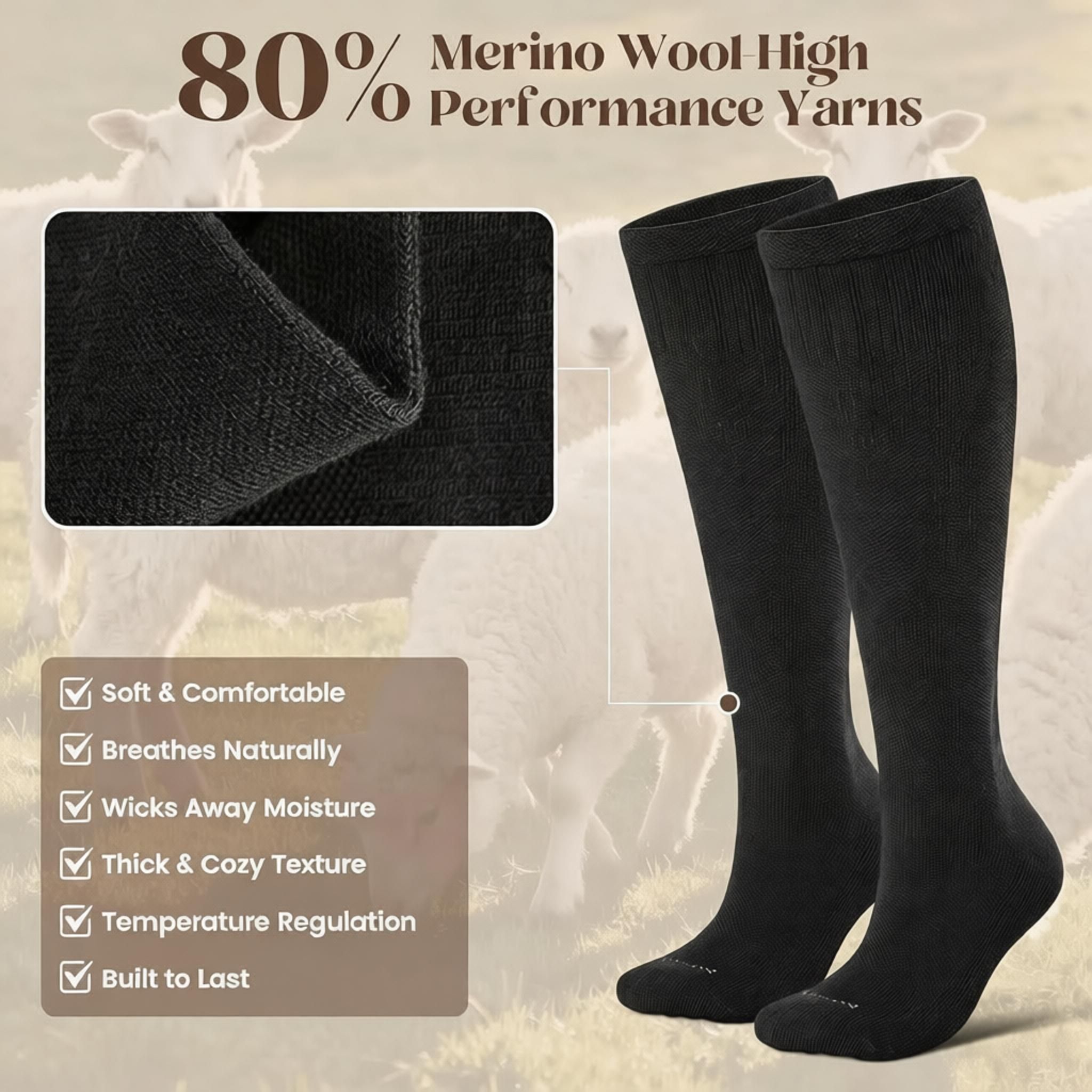 Thick Merino Wool Compression Socks for Women and Men 20-30mmHg Knee High Support Socks for Flying Nurses Pregnancy - Image 2