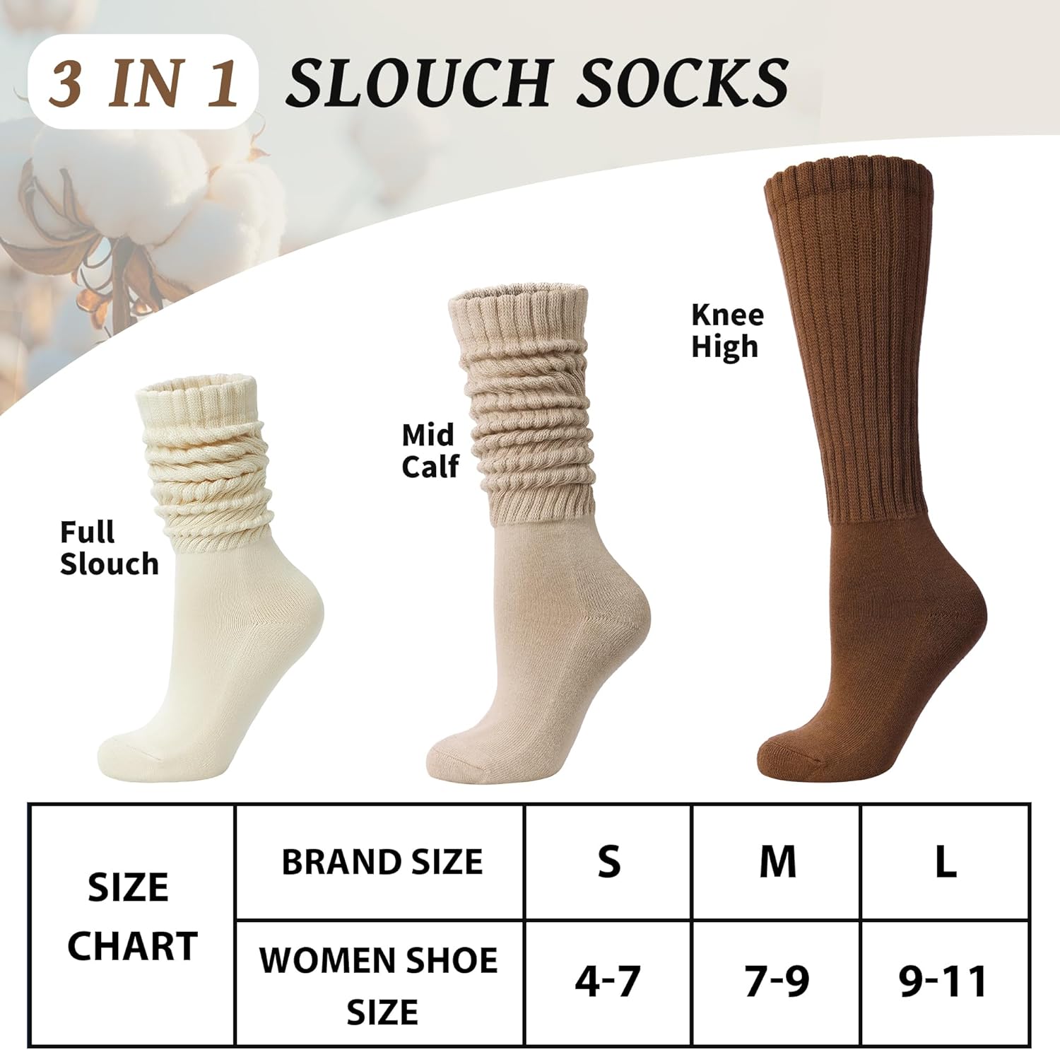 Women's Slouch Socks Long Boot Scrunch Sock Soft Cotton Knit Cozy Socks 3 Pairs - Image 4
