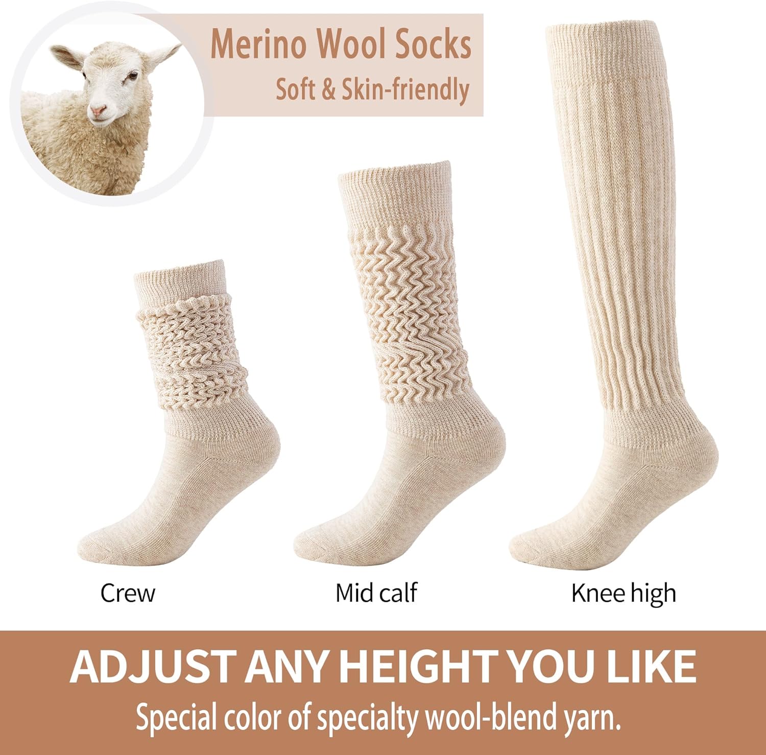 Merino Wool Slouch Socks for Women Soft Knee High Scrunch Warm Cozy Stacked Boot Socks 3 Pack - Image 2